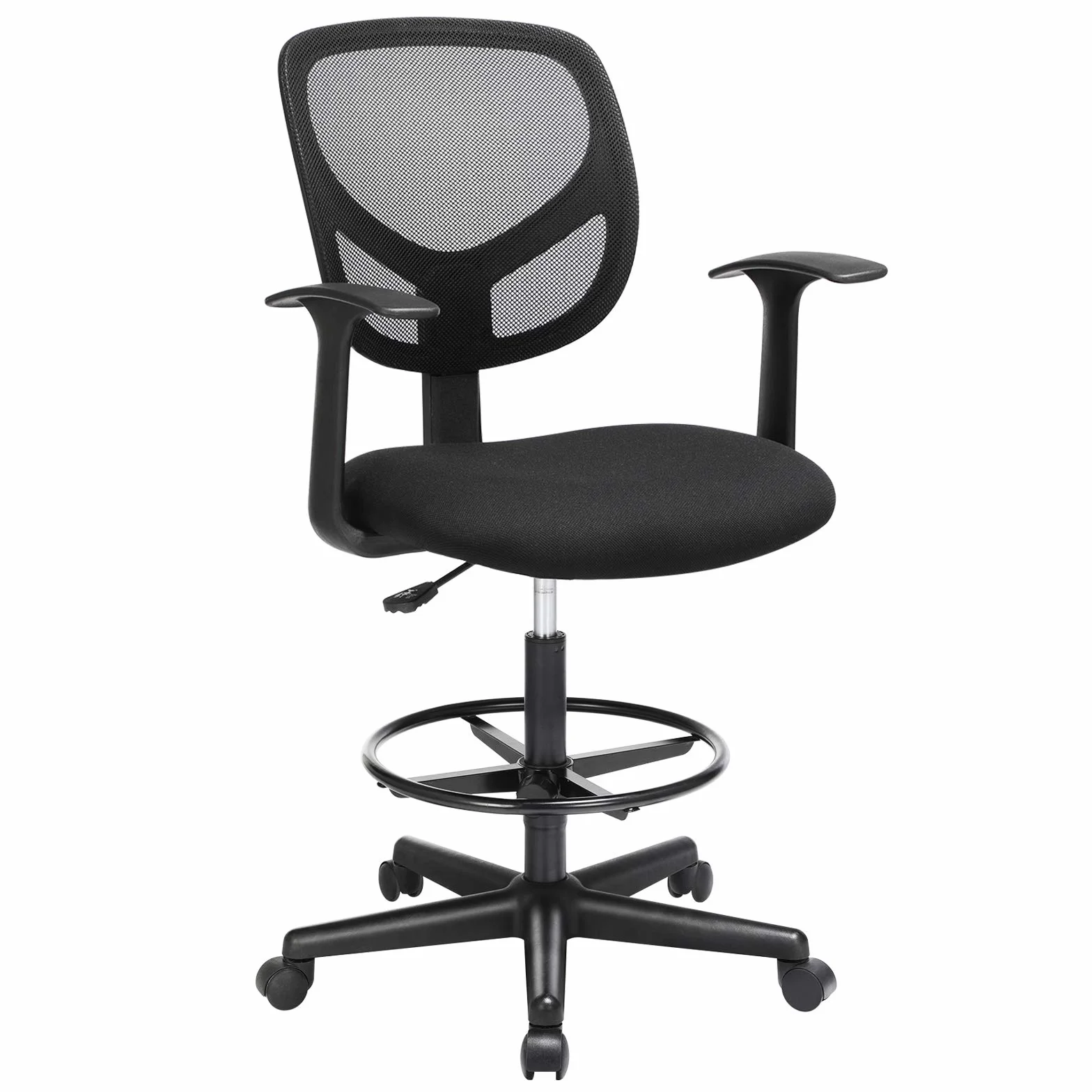 SONGMICS Krzesło biurowe, lniane siedzisko, ergonomiczne siedzisko, taboret, z podnóżkiem z regulacją wysokości, obracany o 360°, do biura stojącego, kolor czarny OBN25BK