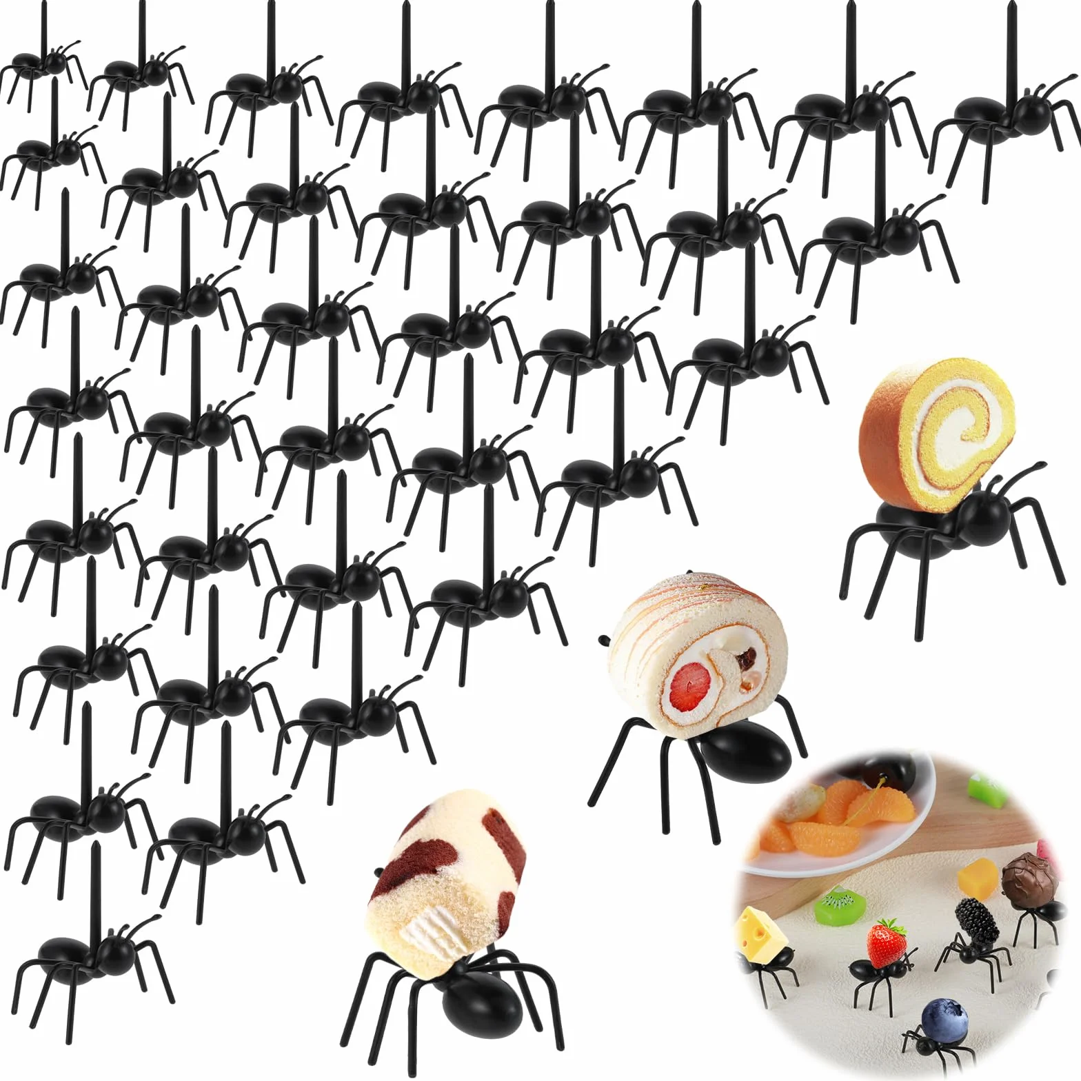 36 sztuk dziwacznych widelców do owoców, wykałaczki, owoce, widelce do deserów, wielokrotnego użytku, na imprezę z motywem bug, urodziny, Halloween, dekoracja na przekąski, ciasto, desery