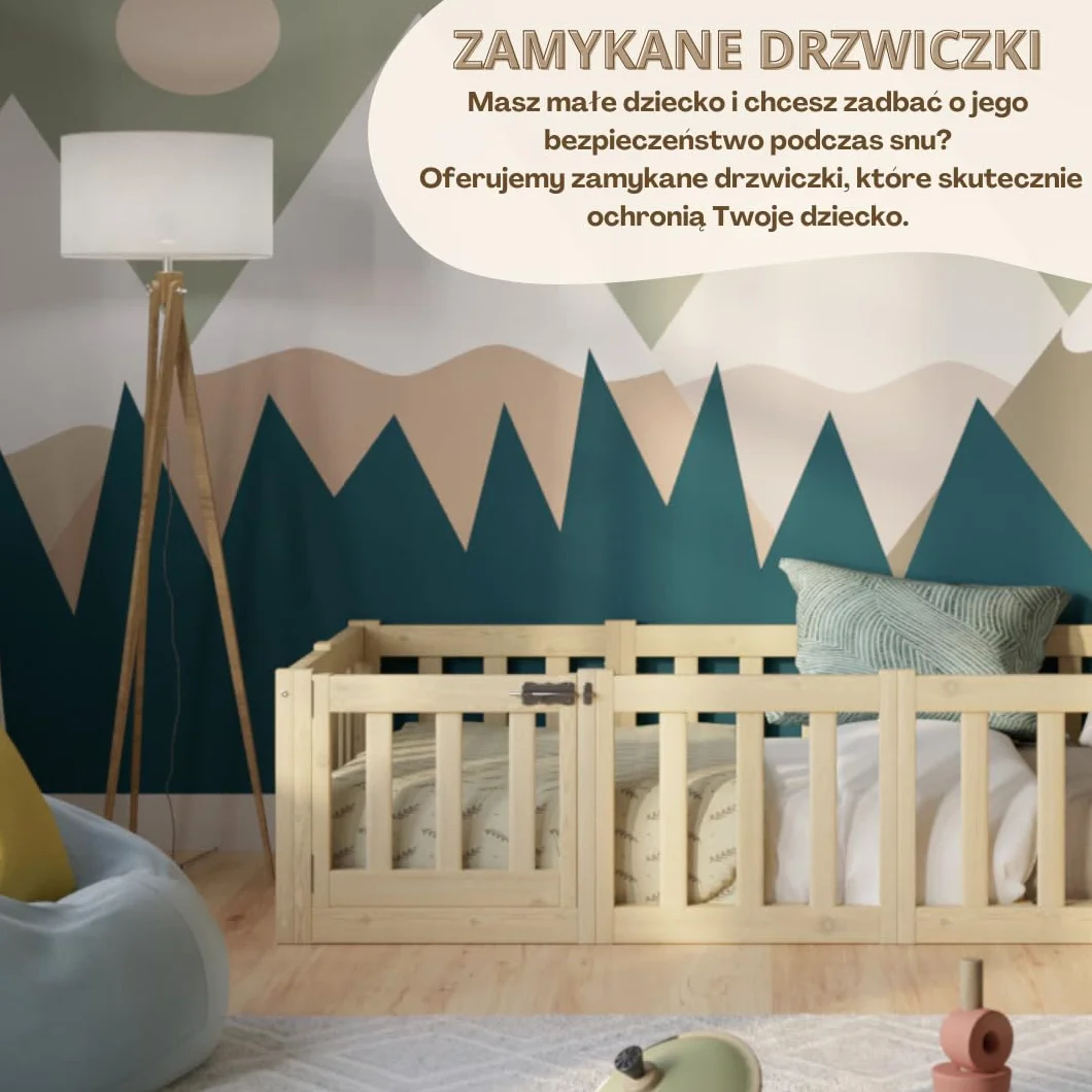 Łóżko dziecięce Crazy Johnny 180 x 90 cm – Montessori łóżko podłogowe z zabezpieczeniem przed wypadnięciem i otwieraną barierką - Bezpieczne dla najmłodszych - Łatwy montaż
