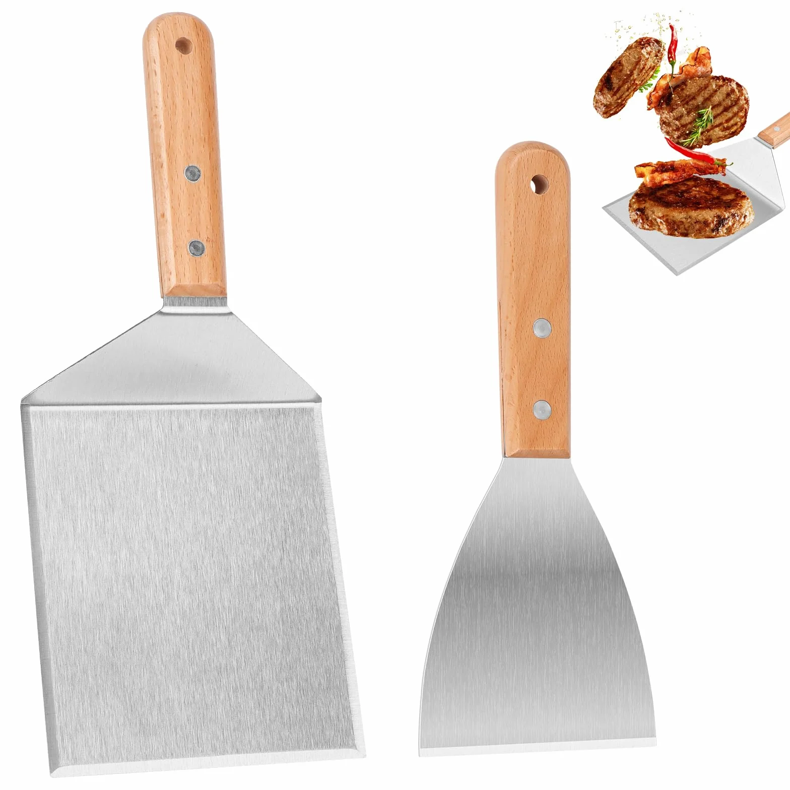 2 szt. szpatułka do grilla ze stali nierdzewnej szpatułka szpatułka kuchenna z drewnianymi uchwytami do prasy do hamburgerów, teppanyaki, grilla, steku, pizzy