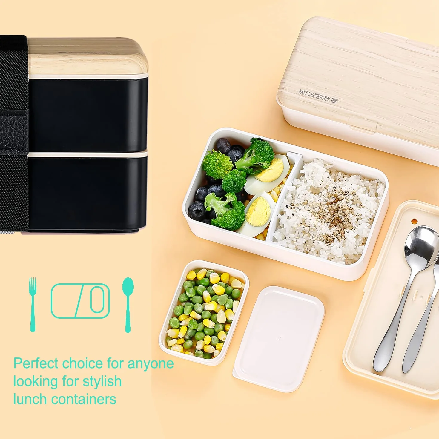 Binoster pojemnik na żywność bento lunchbox czarny łyżka widelec stal nierdzewna