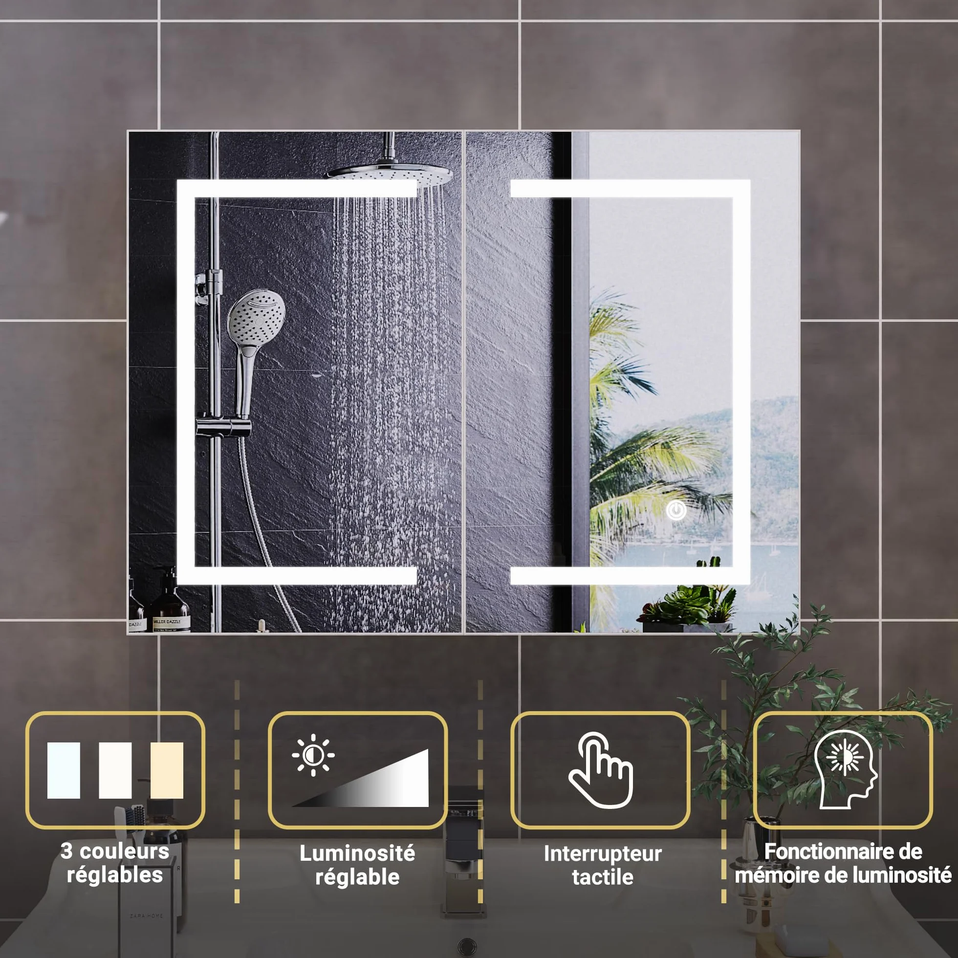 Szafka łazienkowa z lustrem i oświetleniem LED, szafka toaletowa z lustrem 80 x 13,5 x 60 cm z miejscem do przechowywania, przeciwmgielna, do łazienki, kuchni, a nawet salonu (podwójne drzwi)
