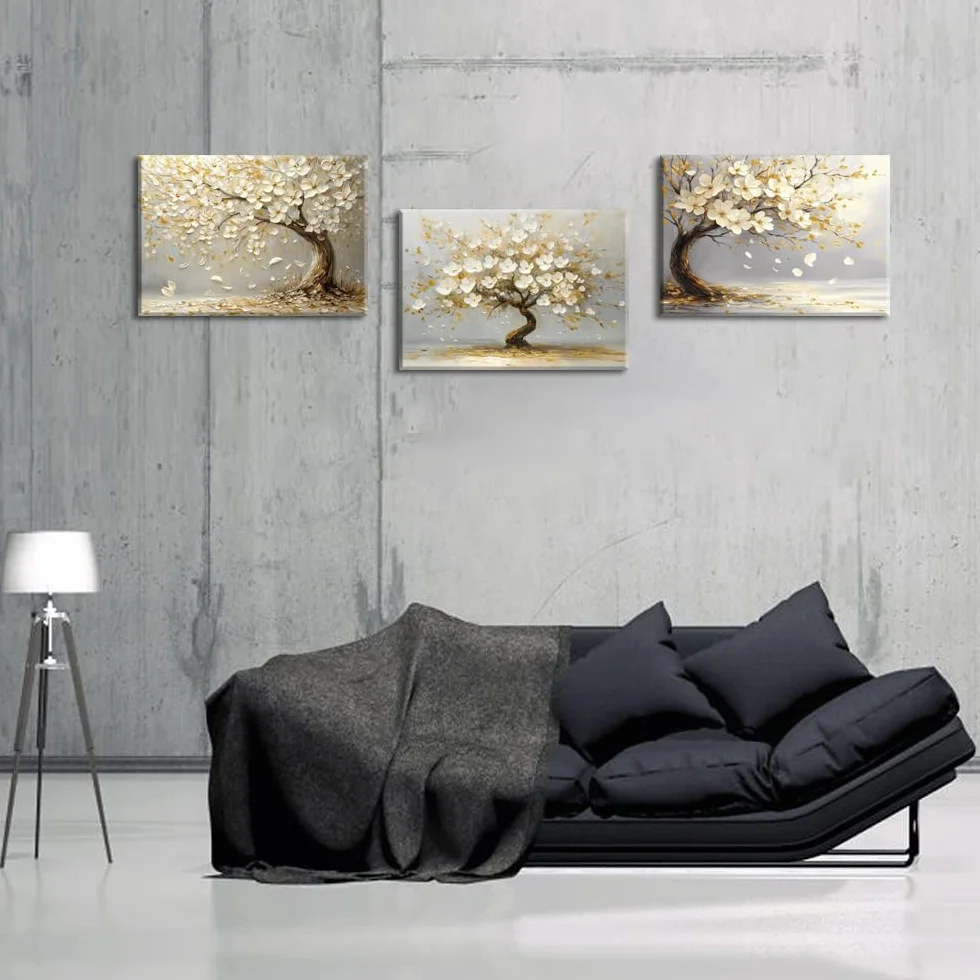 Piy Painting Obraz ścienny na płótnie, stare drzewa, obraz dekoracyjny, biały kwiat, plakat artystyczny, łatwy do zawieszenia do sypialni, salonu, kawiarni, studia jogi, 3 panele 58 x 40 cm/174 x 40