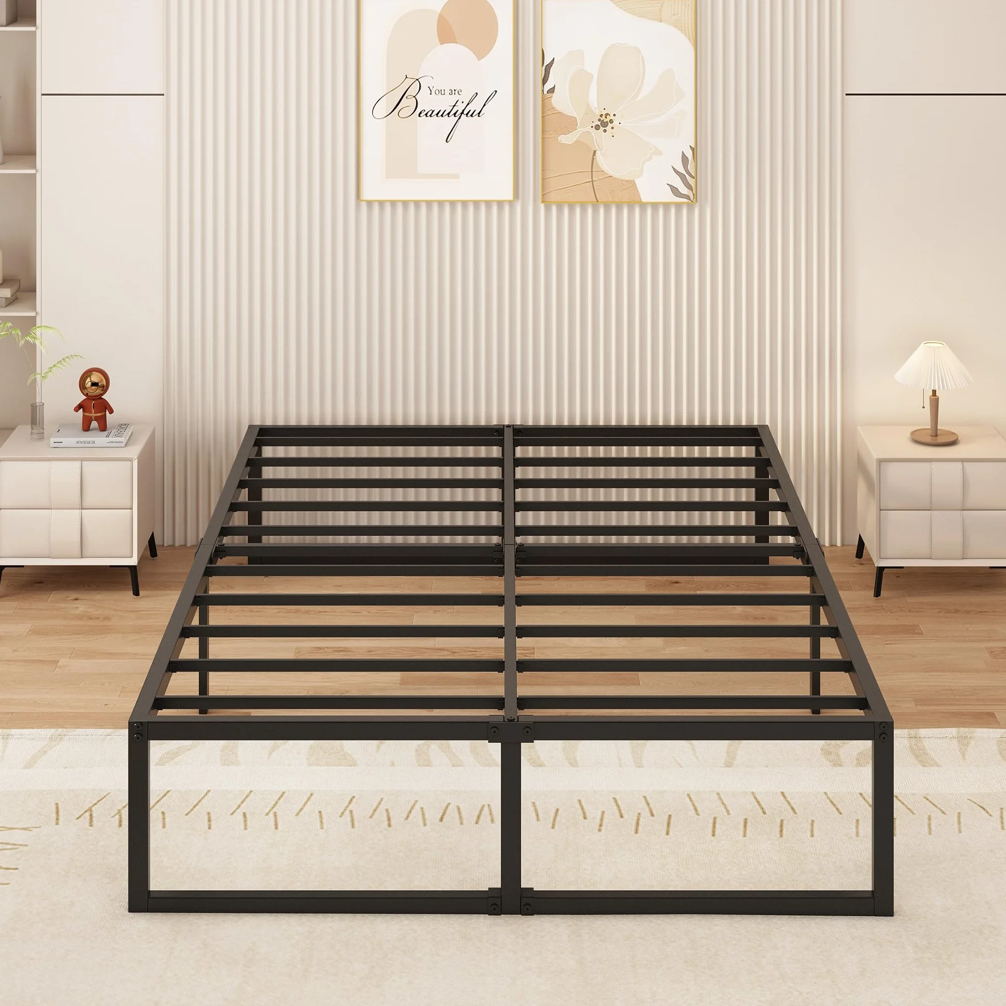 Yicensen Metalowe łóżko 120 x 200 cm ze stelażem metalowym, wysokość 41 cm, rama łóżka, łóżko podwójne, stabilny, łatwy montaż, czarne
