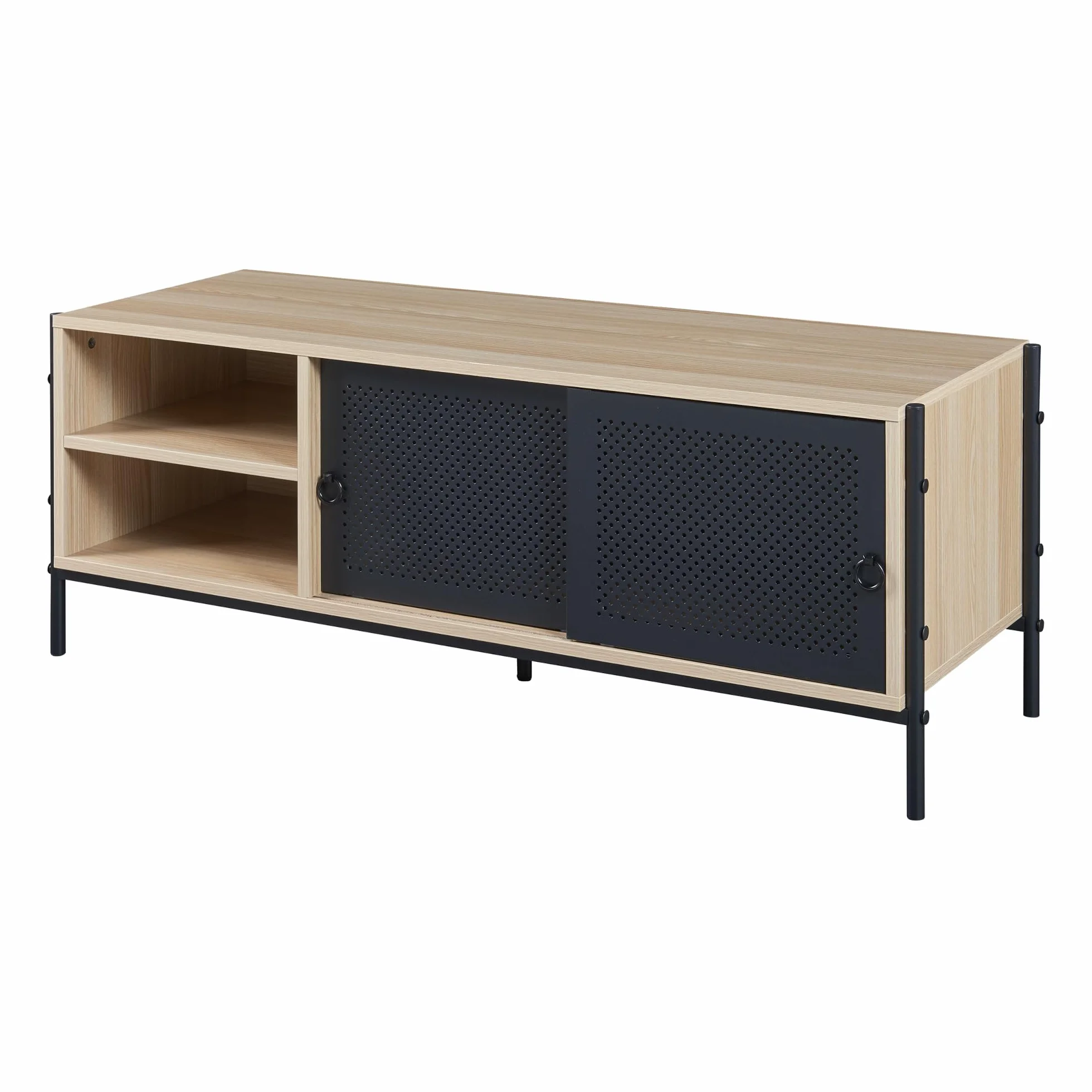 [en.casa] Szafka TV Tysnes Lowboard z 2 przesuwnymi drzwiami, stolik pod telewizor z otworami na kable, szafka TV, 120 x 40 x 45 cm, metalowa konstrukcja, dąb/czarny