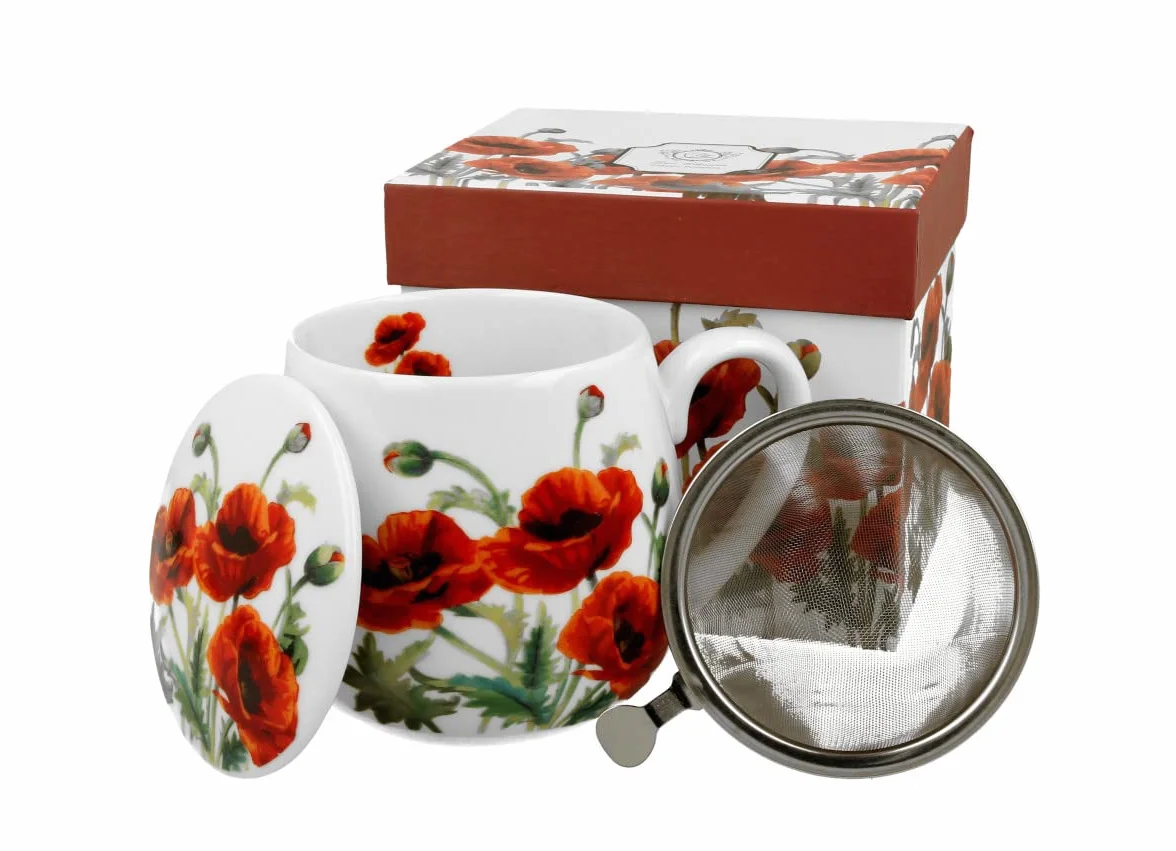 DUO FLORAL kubek beczkowy 430 ml Classic POPPIES z sitkiem do herbaty porcelana New Bone China