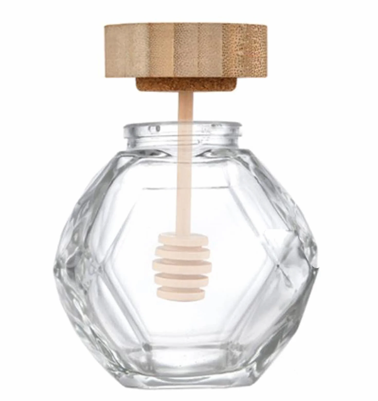 Szklany dozownik miodu 200 ml z drewnianą łyżką i korkiem