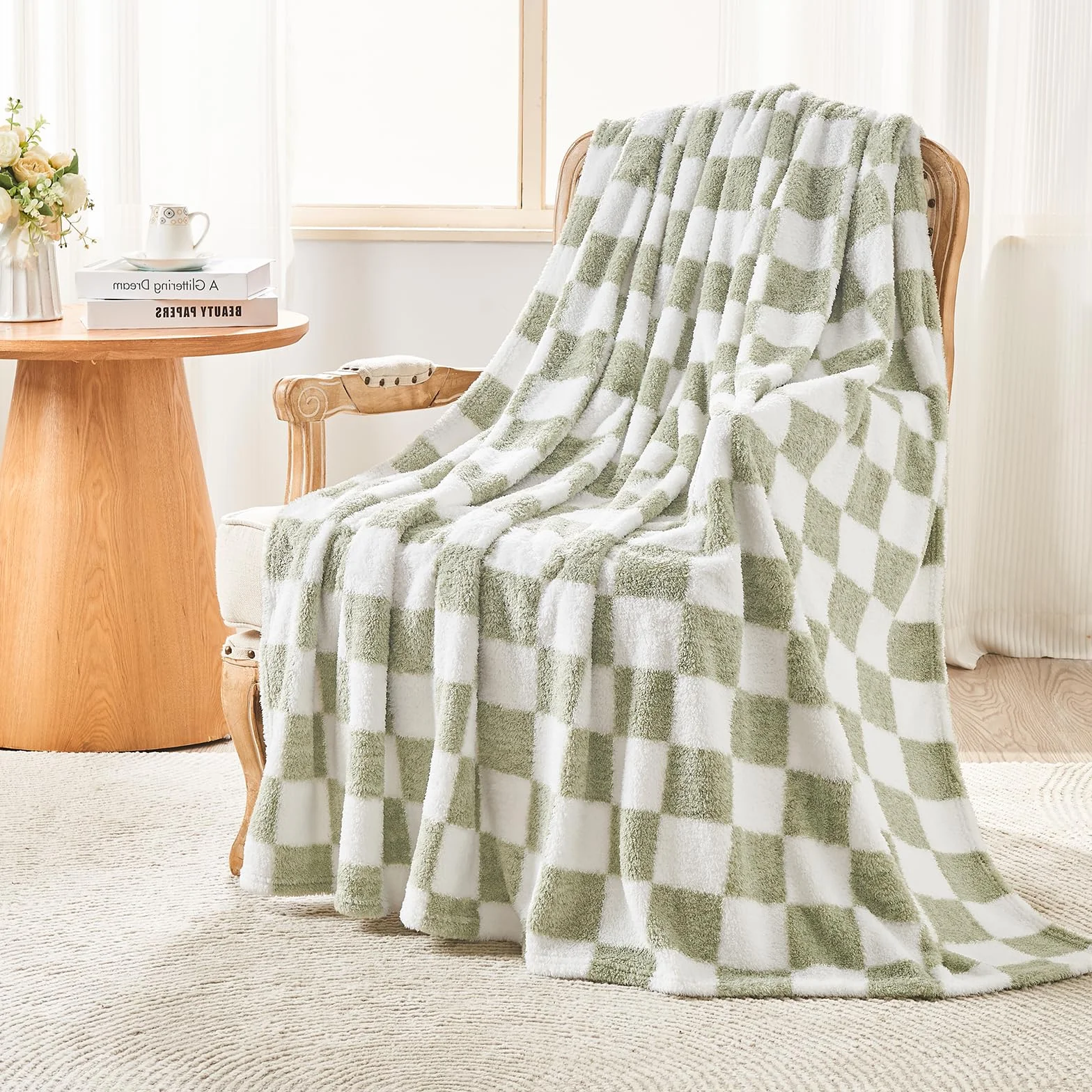 EMME Koc w kratę twin size 150 x 200 cm – zielony, miękki i puszysty koc dzianinowy z wzorem na kanapę, sofę, fotel, łóżko, do campingu, na piknik i w podróż