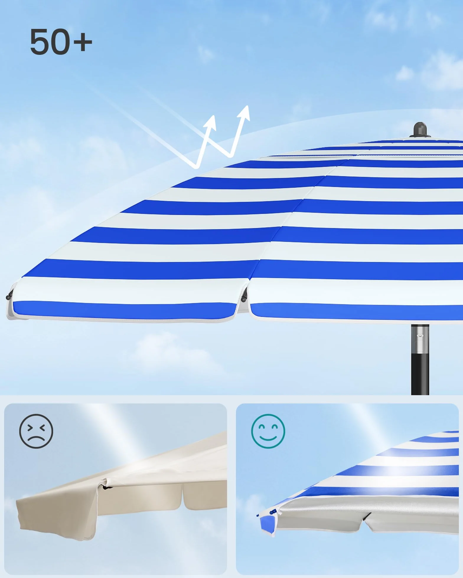 SONGMICS Parasol 160 cm, parasol plażowy, ochrona przeciwsłoneczna UPF 50+, składane boki 30°, regulacja wysokości, schowek, haczyki, nadaje się na plażę, bez stojaka, niebiesko-biały GPU0080Q02