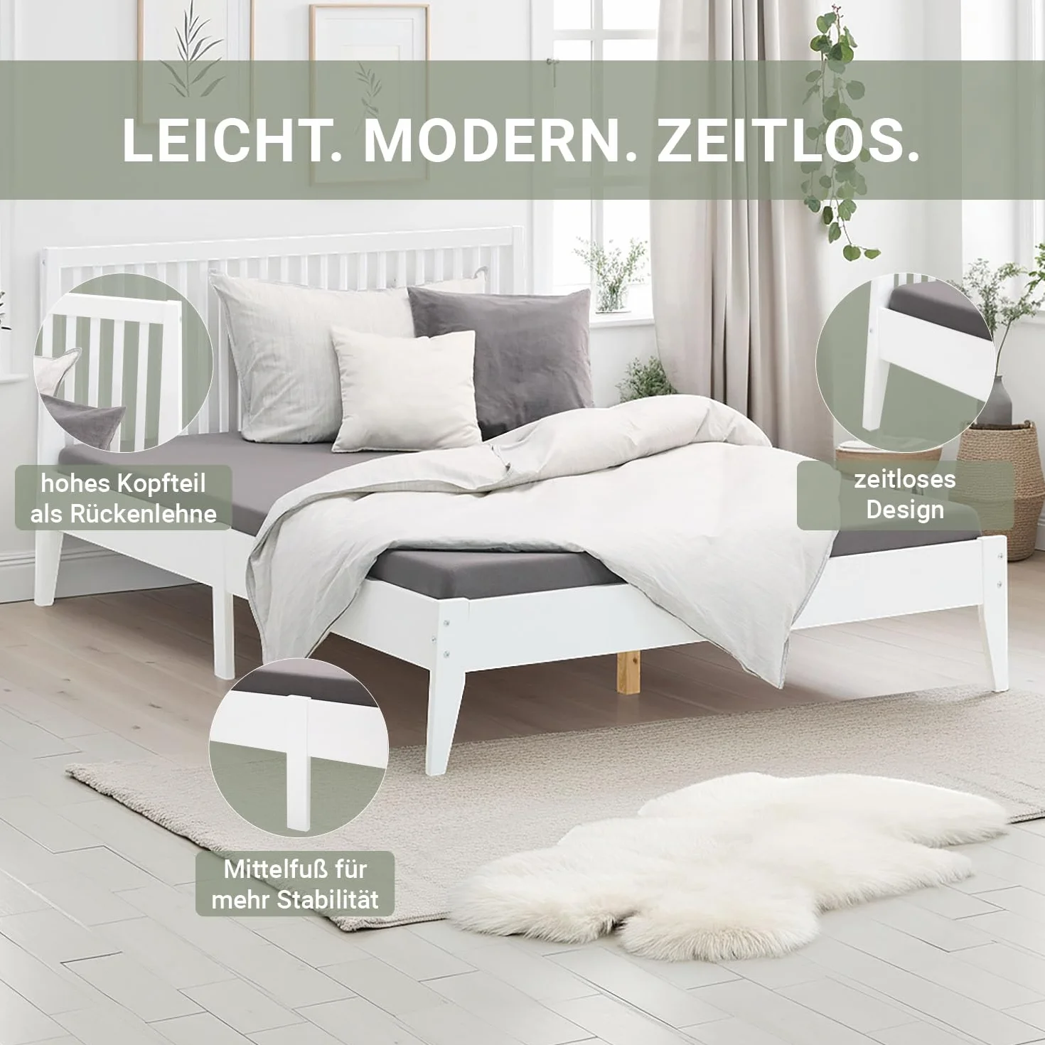 Homestyle4u 1844 łóżko drewniane 140 x 200, ze stelażem, białe, lite drewno sosnowe