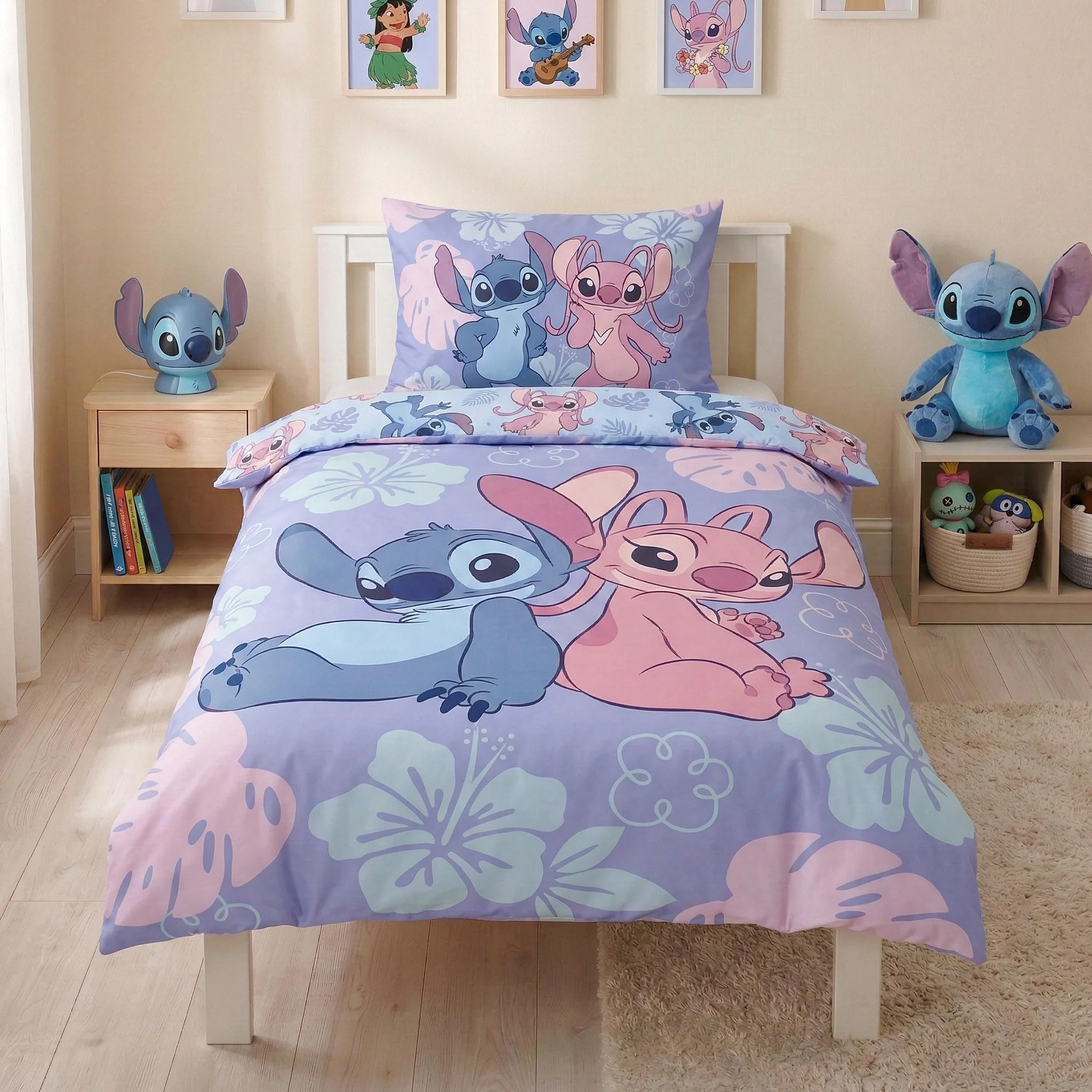 DISNEY Stitch Niebieska, DWUSTRONNA, bawełniana pościel dziecięca na zamek, 100% BAWEŁNA OEKO-TEX (140x200cm+70x90cm)