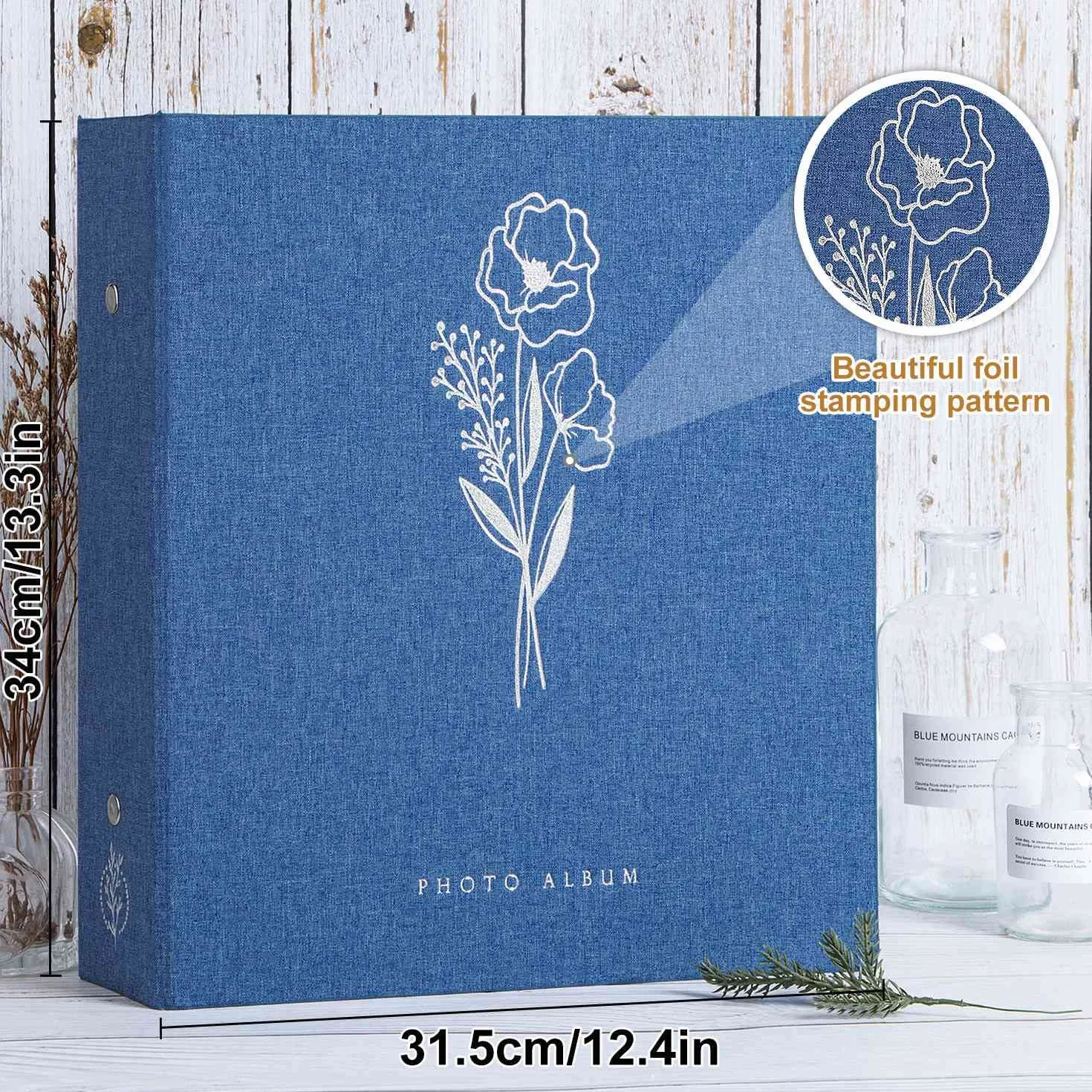 Lanpn Album na zdjęcia, lniany, 600 kieszeni, pomieści zdjęcia poziome i pionowe w rozmiarze 10 x 15 cm, niebieski
