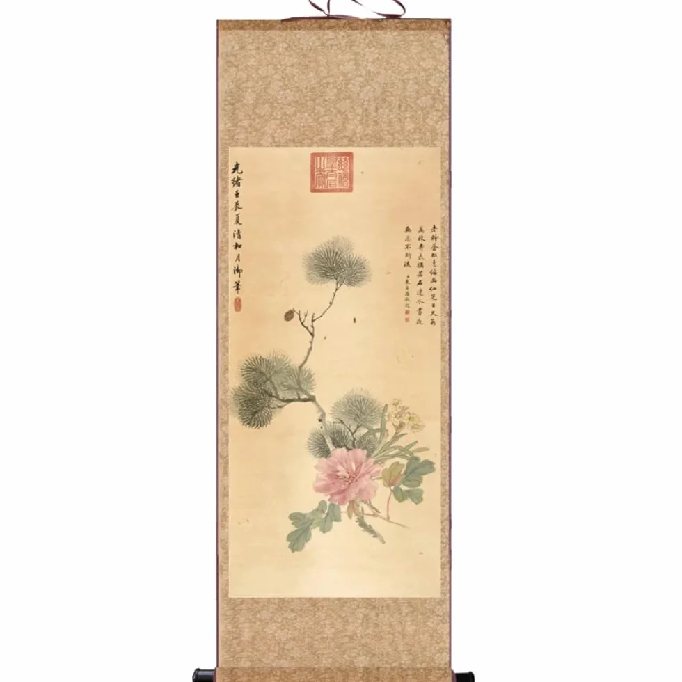 Chińskie dekoracje Scroll Painting， Piwonia Tradycyjne chińskie malarstwo Kaligrafia Wiszące malarstwo Feng Shui Zwój Malarstwo