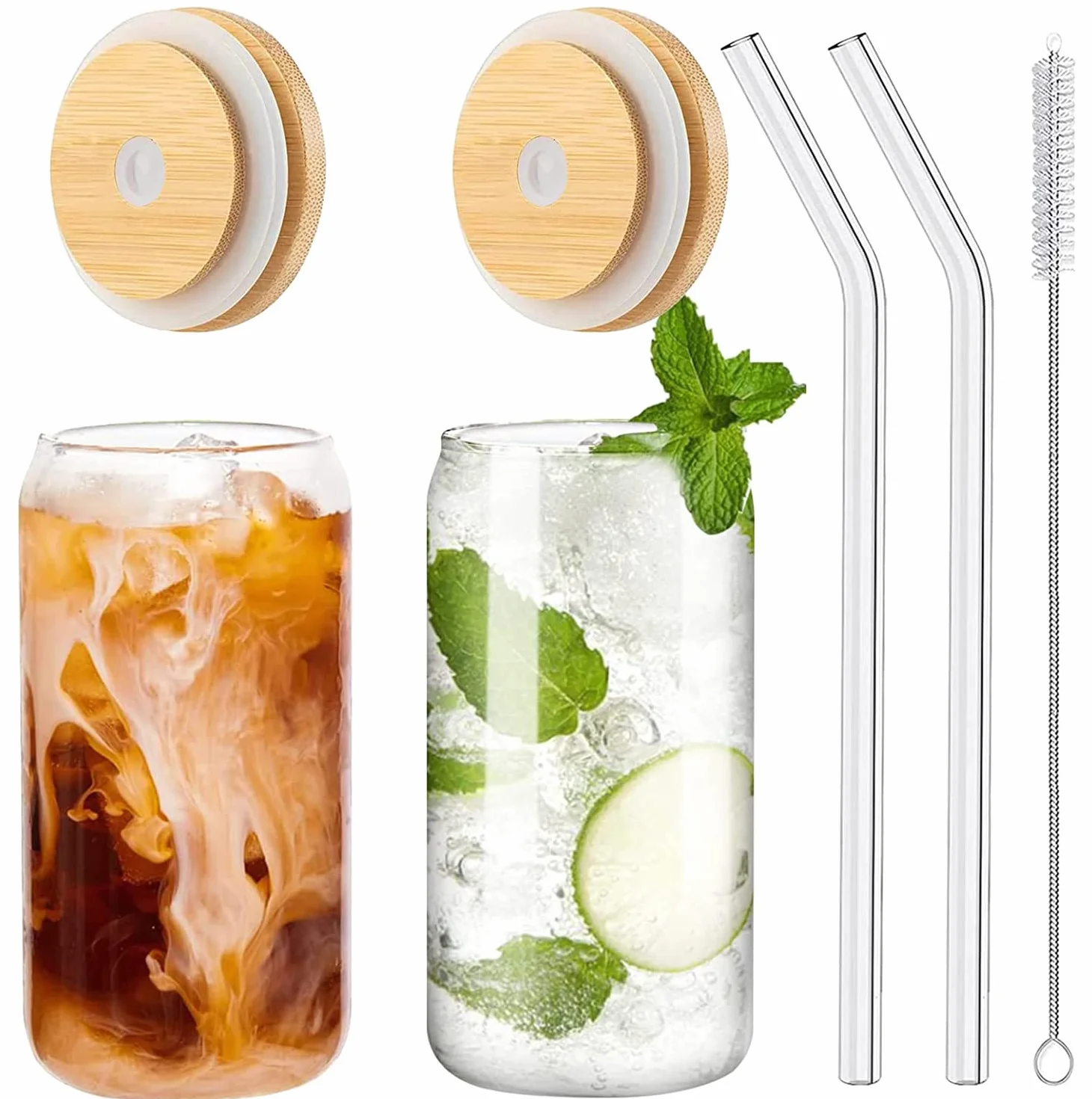 Panngu Bubble Tea kubek z drewnianą pokrywką i słomką, 500 ml (2 szt.), zestaw do wielokrotnego użytku, do koktajli mlecznych, soków, smoothie, piwa