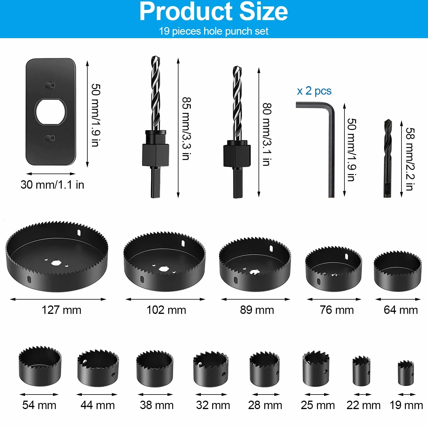 Zestaw 19 otwornic, 19 mm do 127 mm, z 2 kluczami sześciokątnymi, 2 korbowcami, 1 wiertłem, 1 płytą montażową, wiertło ze stali węglowej do drewna, płyt gipsowo-kartonowych, tworzywa sztucznego