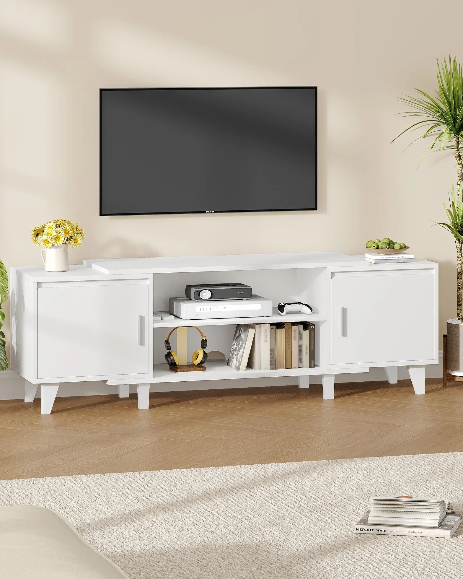Hzuaneri Stolik pod telewizor, stolik pod telewizor, odpowiedni do telewizorów poniżej 44,5 cm Stolik pod telewizor z 2 szafkami i 2 otwartymi przestrzeniami, 40 x 140 x 51,5 cm, Biały