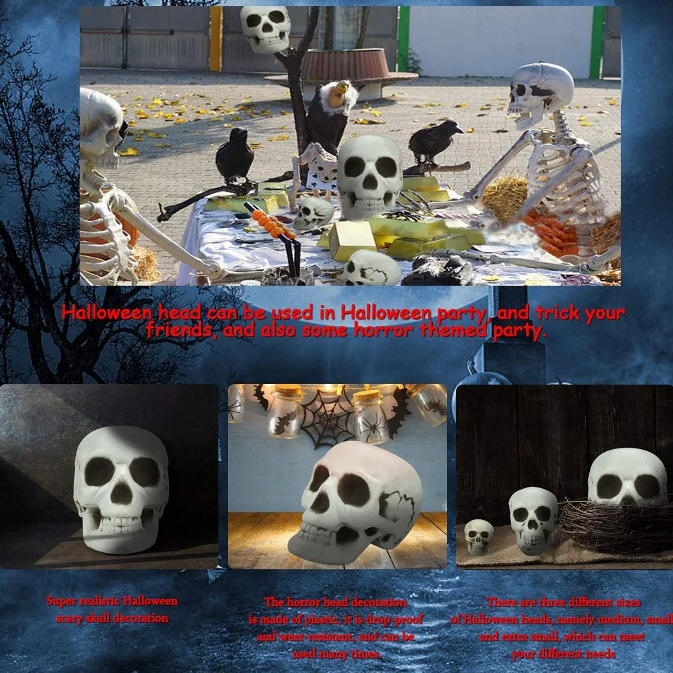 LYTIVAGEN 8 sztuk czaszek na Halloween, z tworzywa sztucznego, realistyczny szkielet, czaszka, mała dekoracja, model na Halloween, karnawał, imprezę, 3 rozmiary