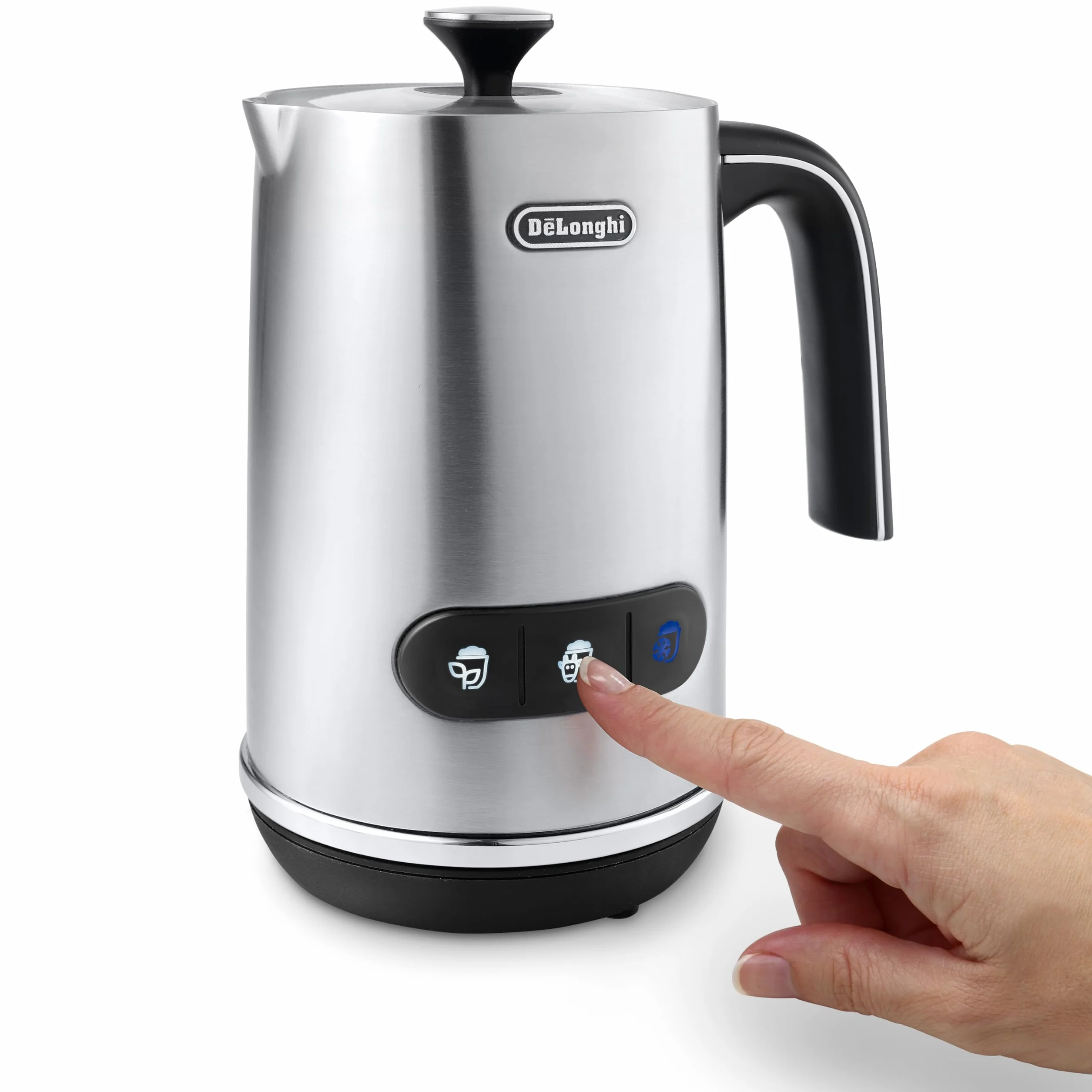 De'Longhi LatteMix EMF3.M elektryczny spieniacz do mleka i warzyw, łatwe czyszczenie, przezroczysta pokrywka, 3 przyciski, 250 ml, biały