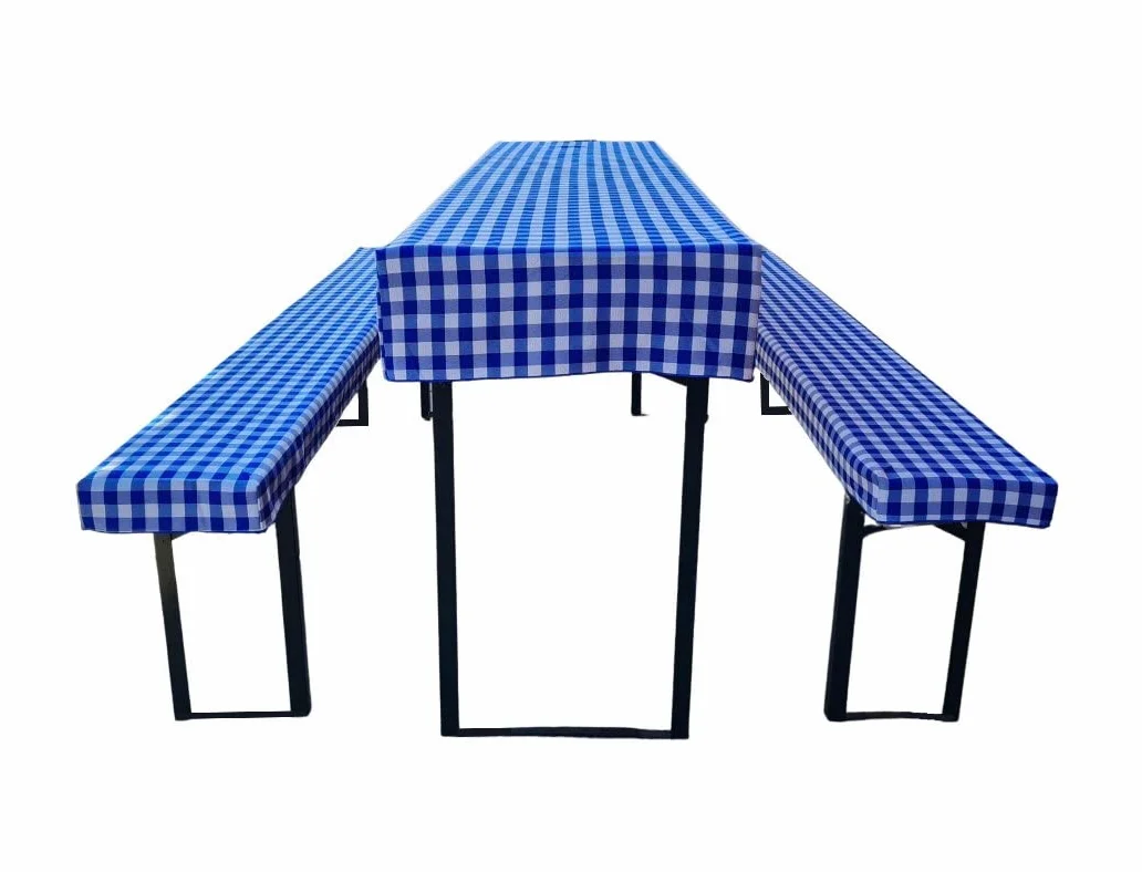Zestaw mebli do namiotu piwnego 3 szt. obrus i 2 pokrowce na ławkę 110 x 60 cm niebieska kratka
