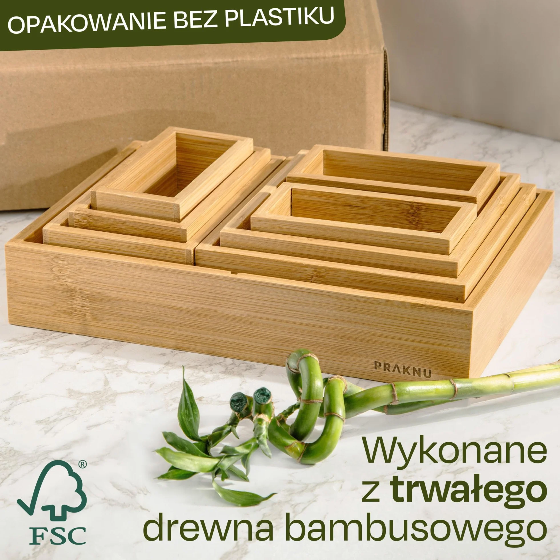 Zestaw 8 pudełek na organizery do szuflad - Wykonane z drewna bambusowego FSC - Z podkładkami antypoślizgowymi