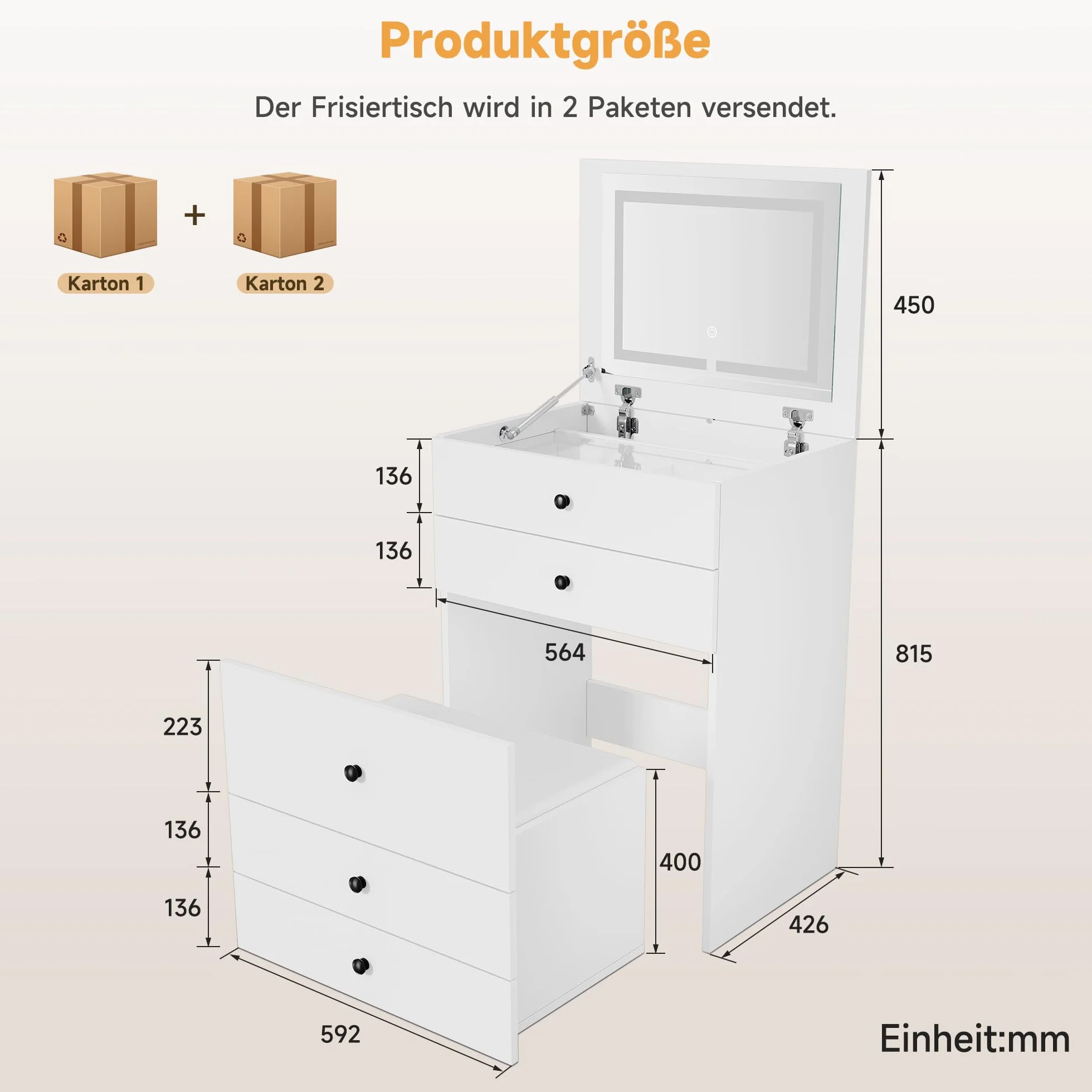 SONNI Toaletka 3 w 1 ze składanym lustrem, oświetlenie LED, widoczny szklany blat, toaletka z 4 szufladami, taboret z 4 uniwersalnymi rolkami, toaletka do sypialni, biała, 60 x 45 x 83 cm