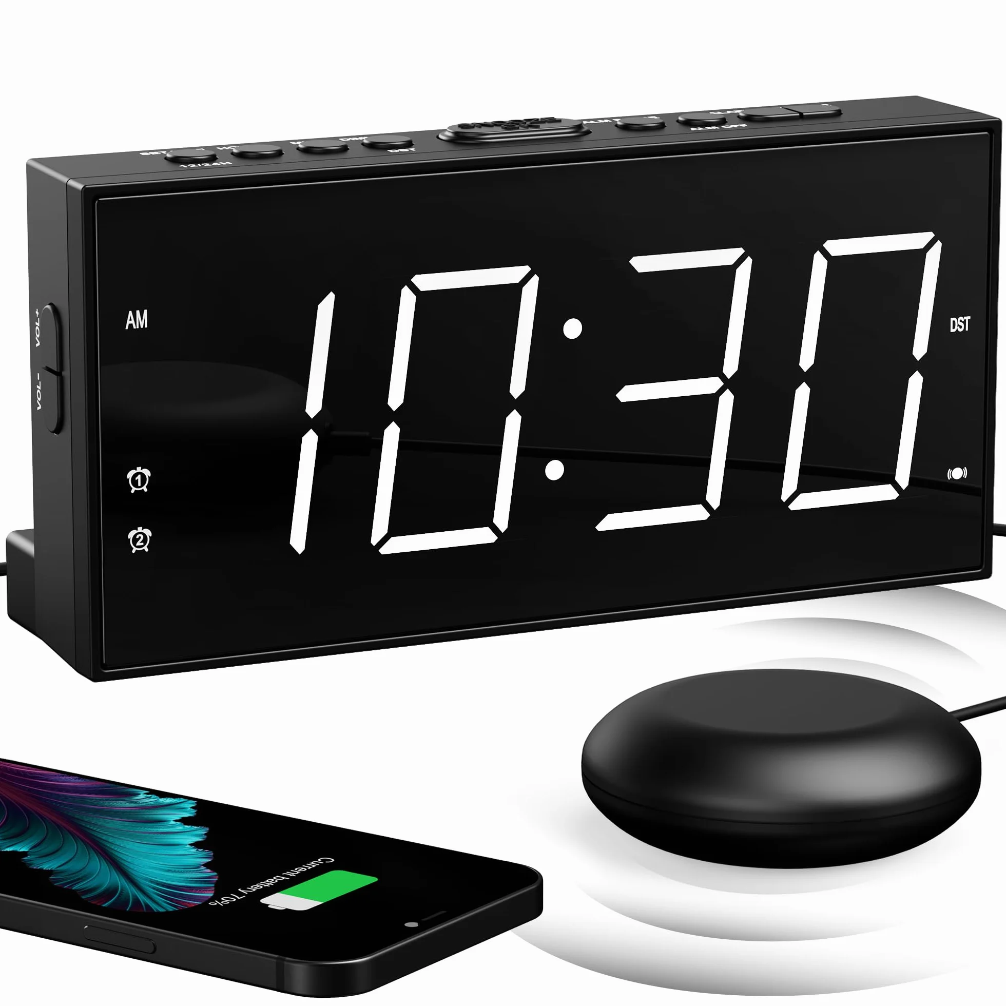 Mesqool Głośny budzik wibracyjny z funkcją spania dla osób niesłyszących, śpiących głęboko, podwójny alarm, ładowarka USB, duży wyświetlacz, drzemka, czas letni 12/24 h, ściemniacz