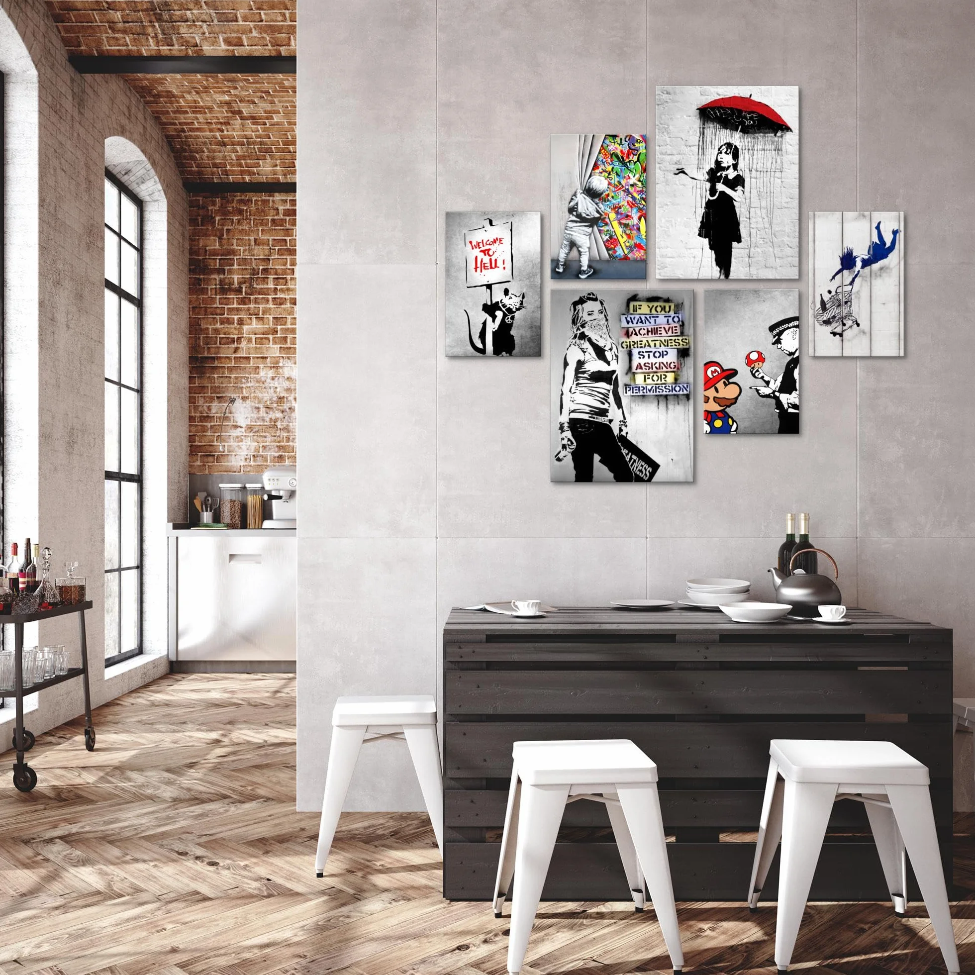 Zestaw obrazów – gotowy do zawieszenia – nie wymaga dodatkowej ramy – Banksy Collage Modern Street Art – salon, biuro N019463a