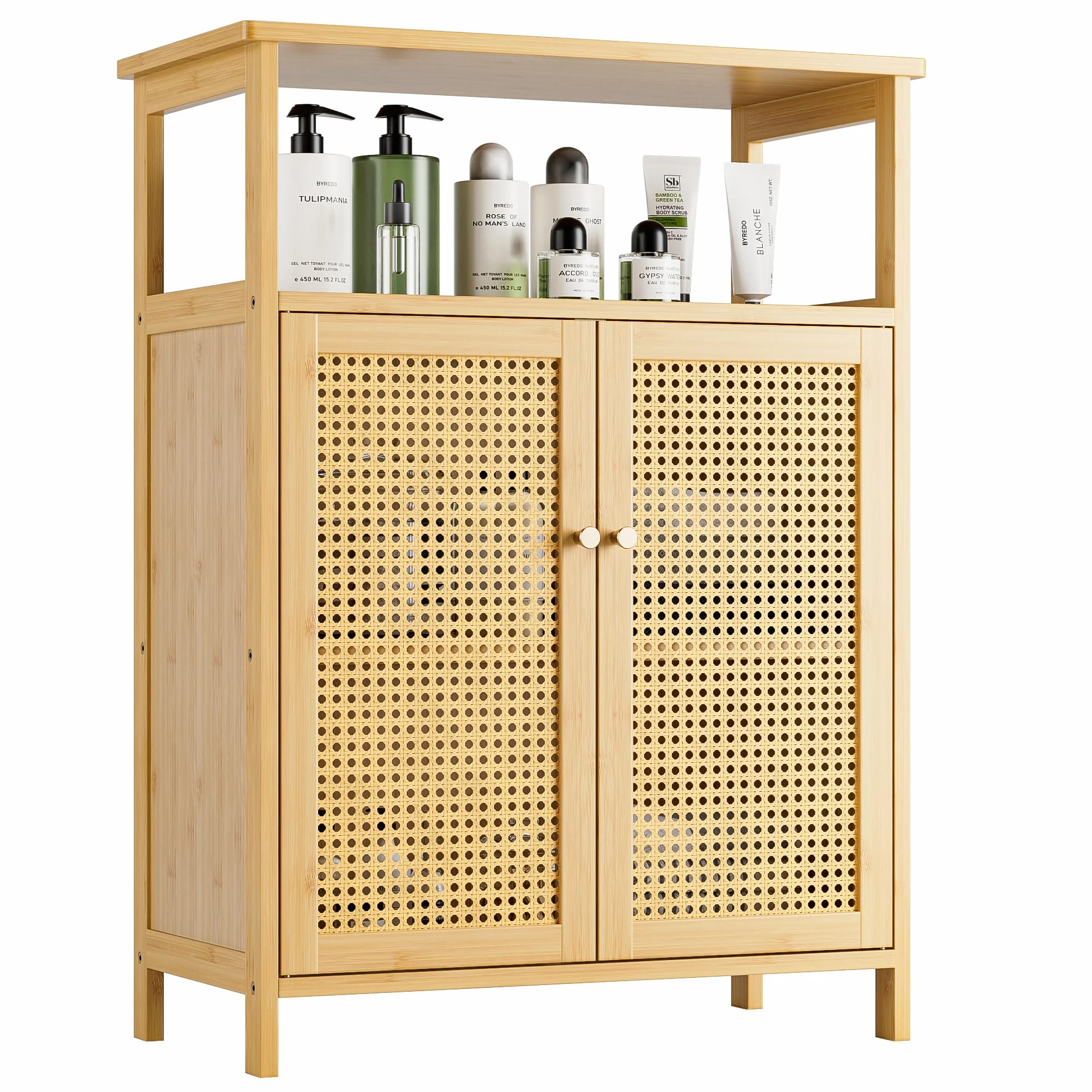 Bambusowa szafka podłogowa z rattanu, stojak na organizer do przechowywania w łazience z 2 drzwiami, oszczędzająca miejsce drewniana szafka kuchenna, wolnostojący stojak do salonu (Naturalny)