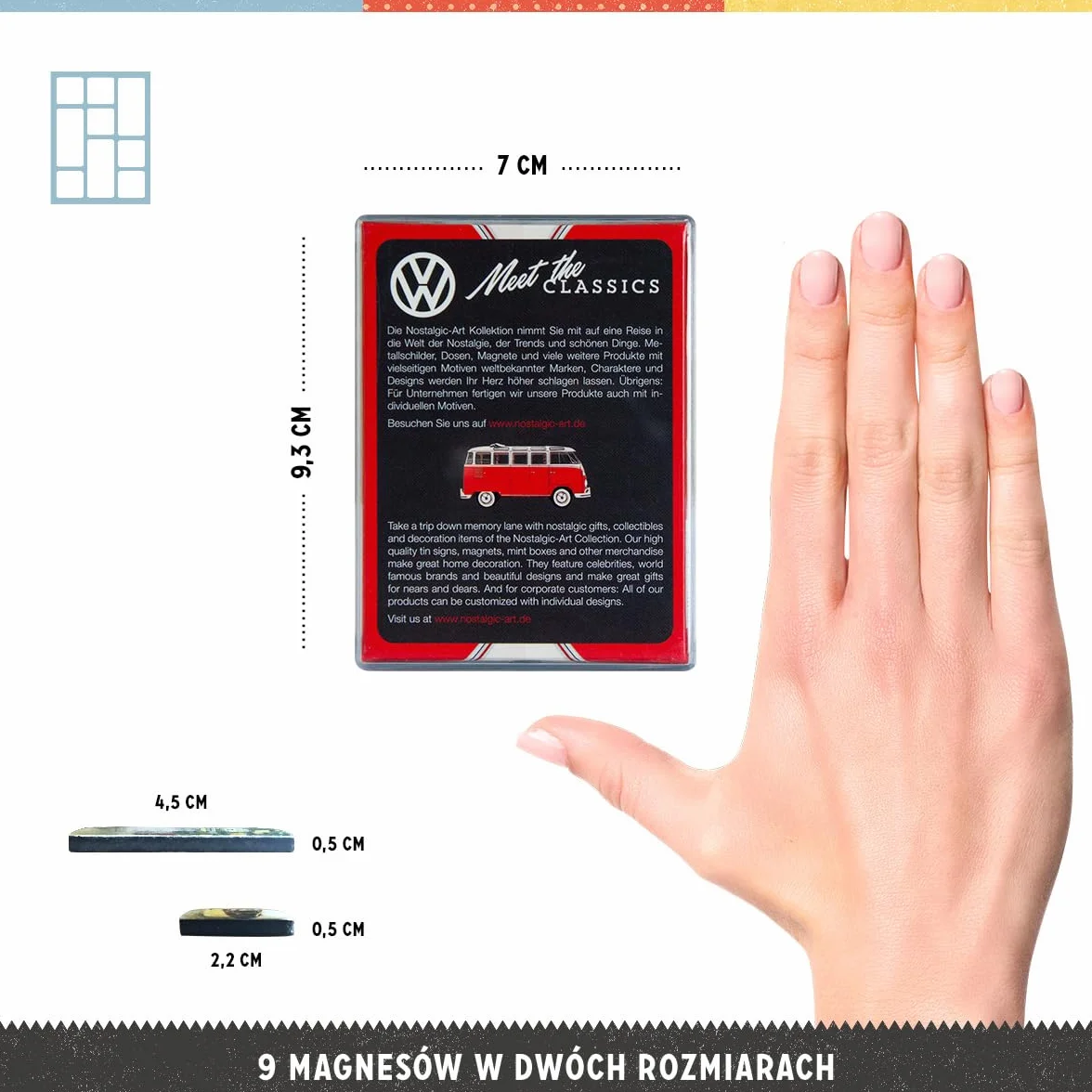 Nostalgic-Art Retro magnesy na lodówkę, 9 sztuk, VW – Meet The Classics – Pomysł na prezent dla miłośnika Volkswagena Busa, Official License Product (OLP), zestaw magnesów, Styl vintage