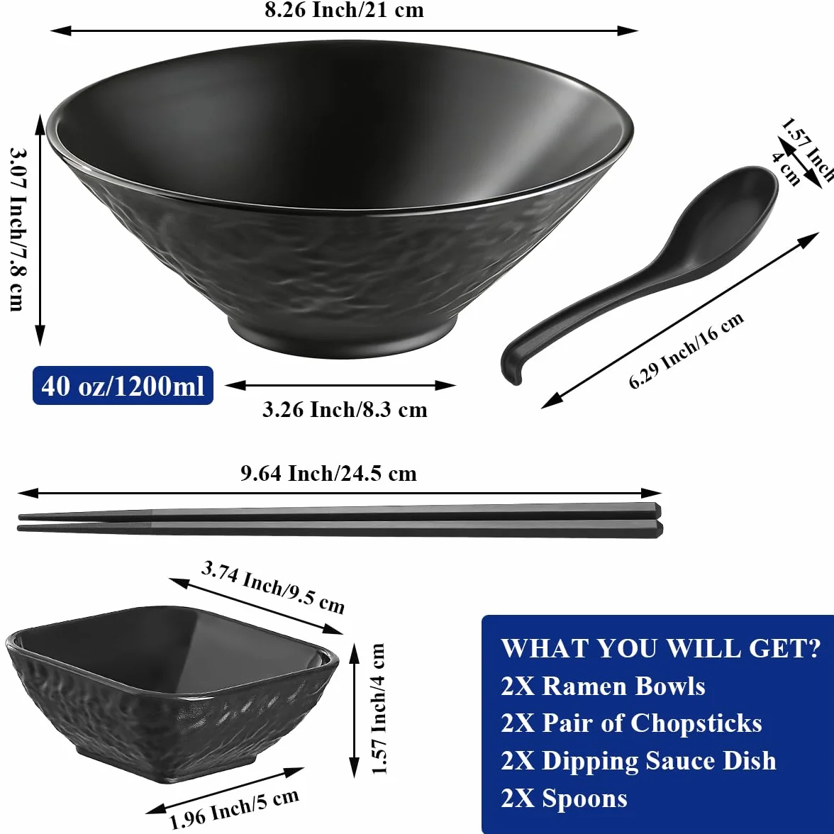 Zestaw misek do Ramen Berglander 40 uncji z 2 miskami do doprzań, pałeczkami, łyżkami, niełamliwe japońskie plastikowe miski na makaron do zupy na azjatycką zupę Pho, Tajską Miso, Udon, Wonton