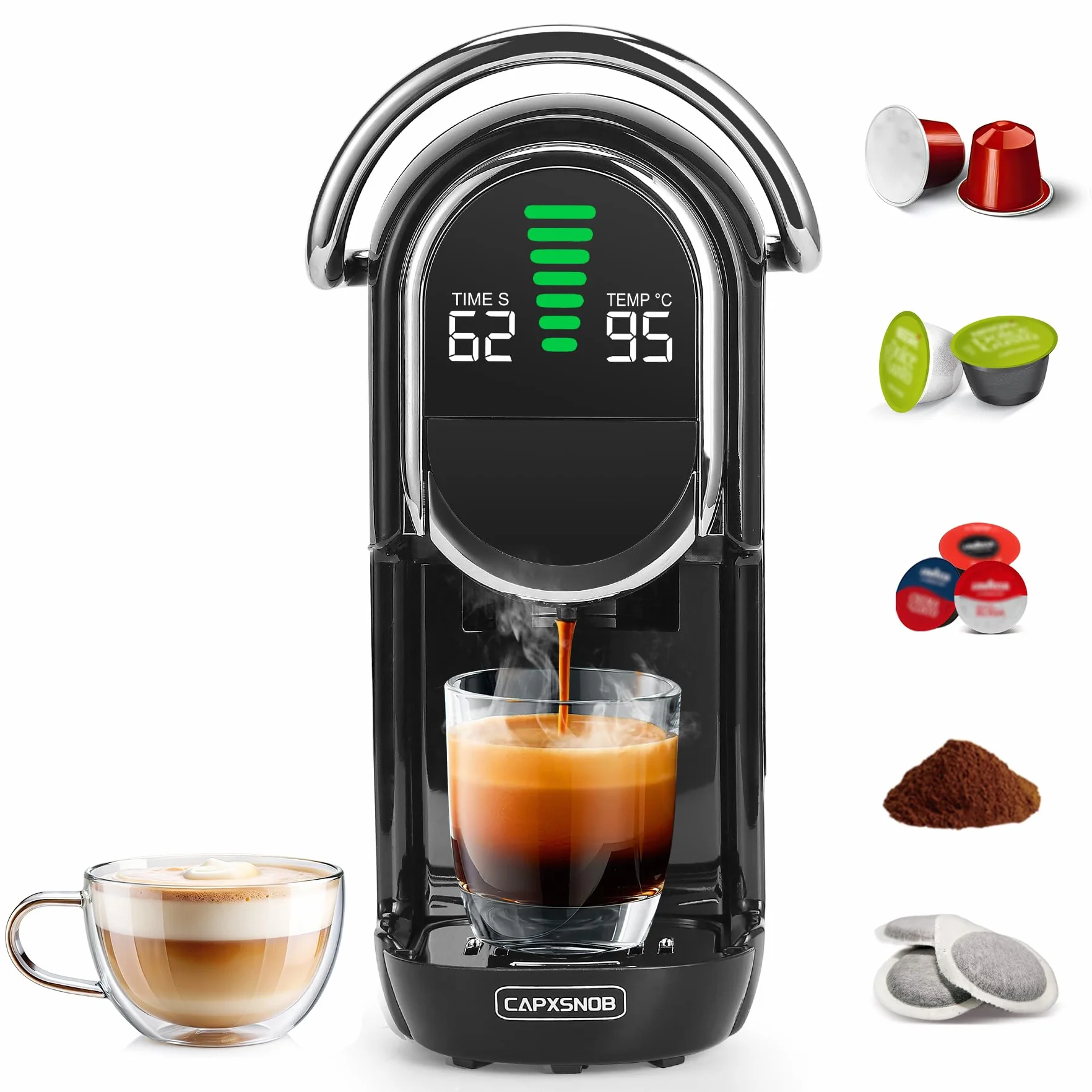 Magician1 Mini Multikapsułkowy Ekspres do kawy 5 w 1, do Nespresso, Dolce Gusto, Lavazza A Modo Mio, Saszetki ESE 44mm i Kawy Mielonej, 20 Barów Włoska Pompa,1450W, Wyświetlacz LED, do Domu i Biura