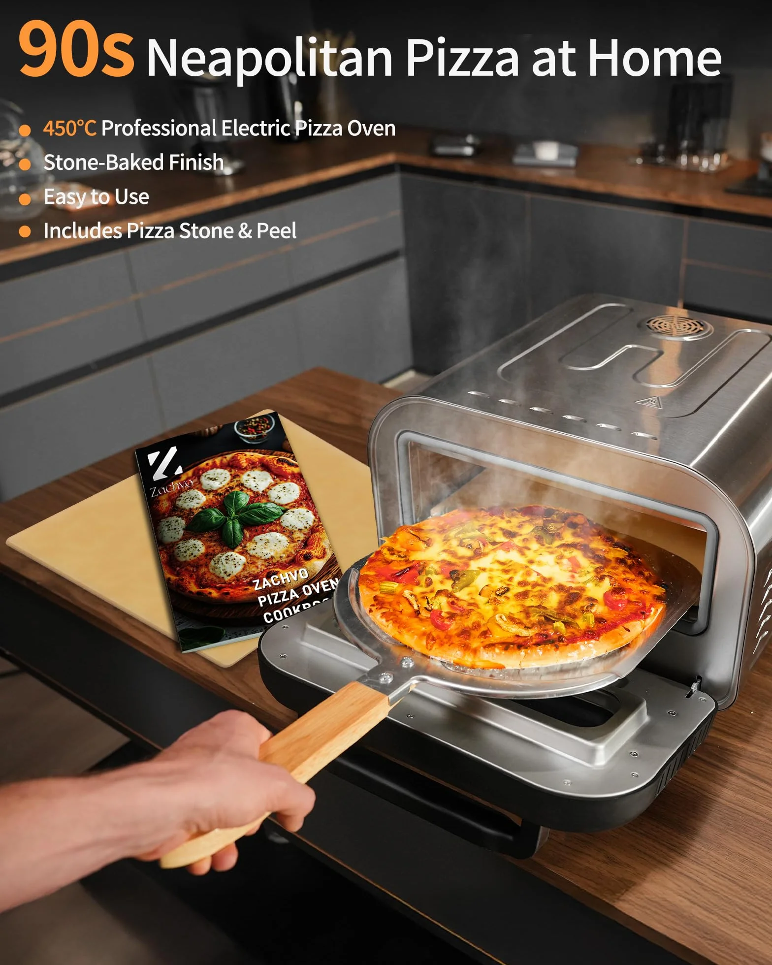 Elektryczny piekarnik do pizzy - do 450 ℃, 5 wstępnie ustawionych rodzajów pizzy, ekran dotykowy i obrotowe pokrętła, 1-60 minut timer, korpus ze stali nierdzewnej, do pizzy 32 cm