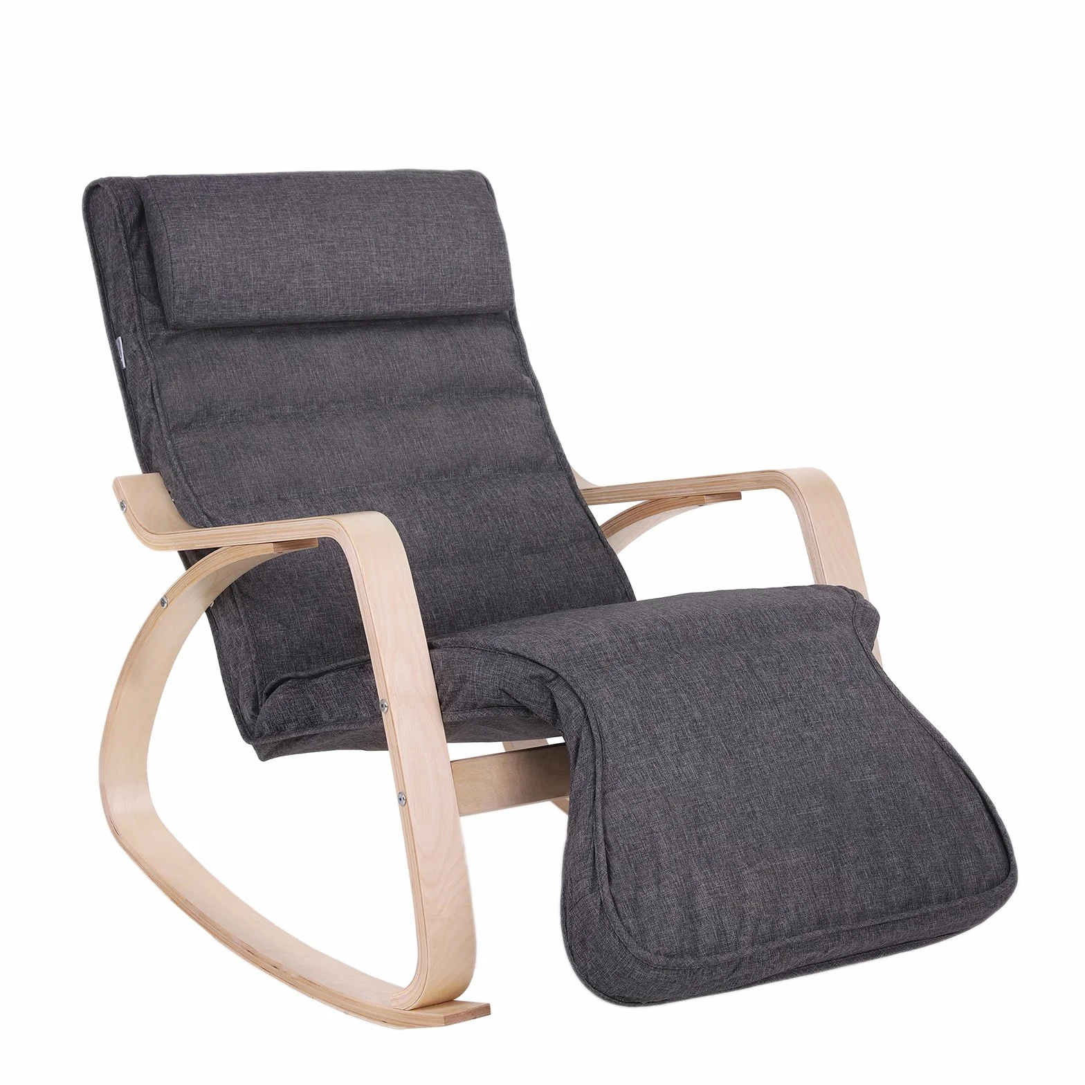 SONGMICS LYY42GYZ Fotel bujany, z 5-stopniową regulacją podnóżka, fotel relaksacyjny, obciążenie 150 kg, stelaż z drewna brzozowego, obicie z imitacji lnu, ciemnoszary