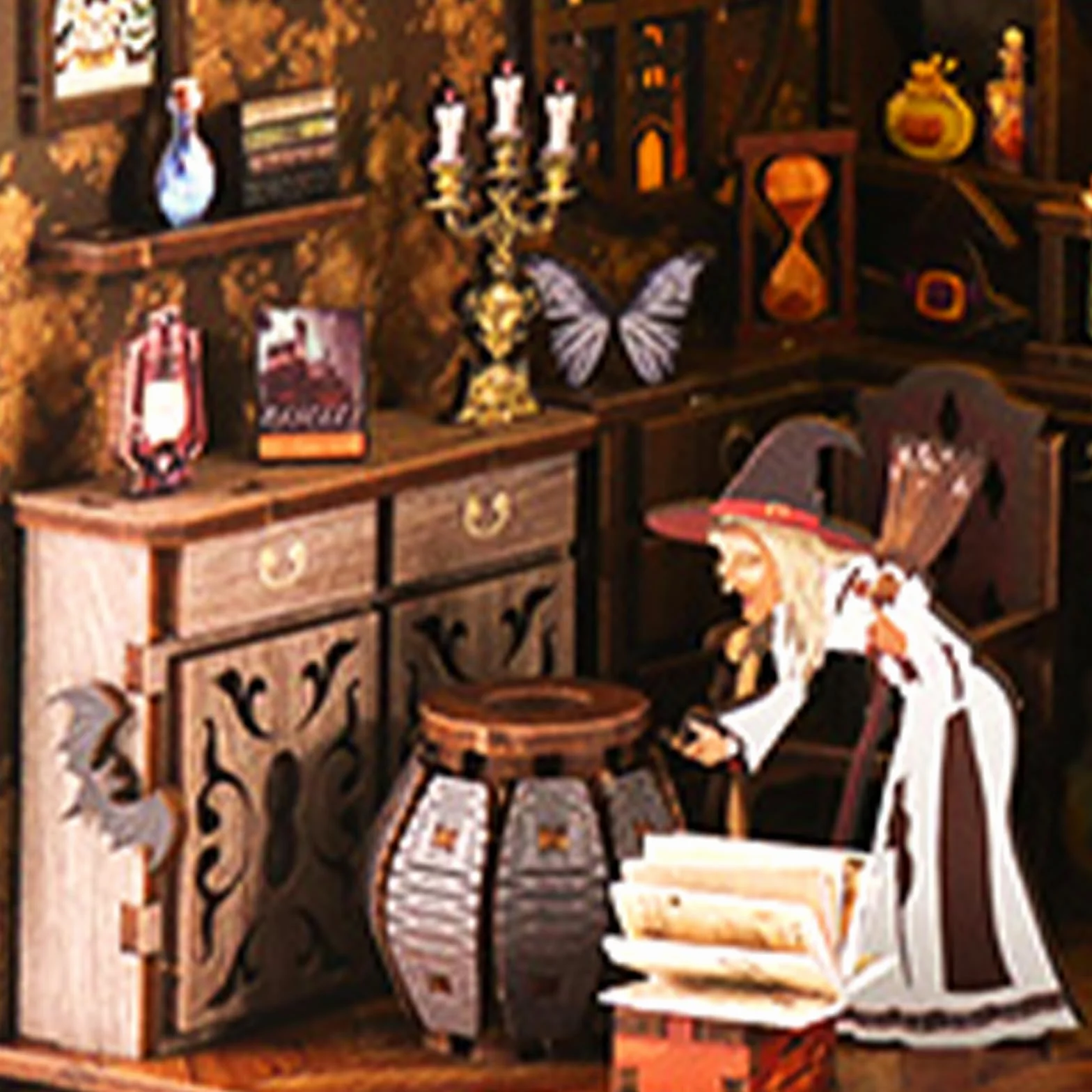 Cuteefun DIY Book Nook Kit, miniaturowa wkładka do książek DIY, drewniana podpórka do książek 3D ze światłem LED, delikatna dekoracja, dorośli i młodzież (magiczna noc)