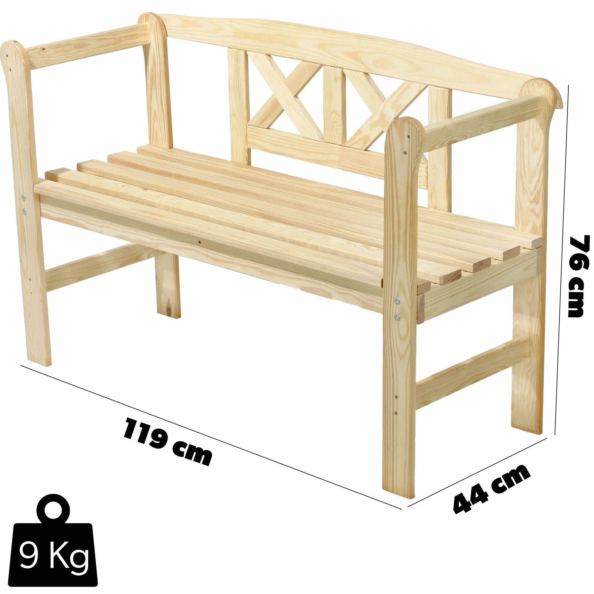 KADAX Ławka ogrodowa 119x44x76cm kolor naturalny, z litego drewna, odporna na warunki atmosferyczne, z oparciem zapewnia wygodne siedzisko na taras, balkon i do ogrodu