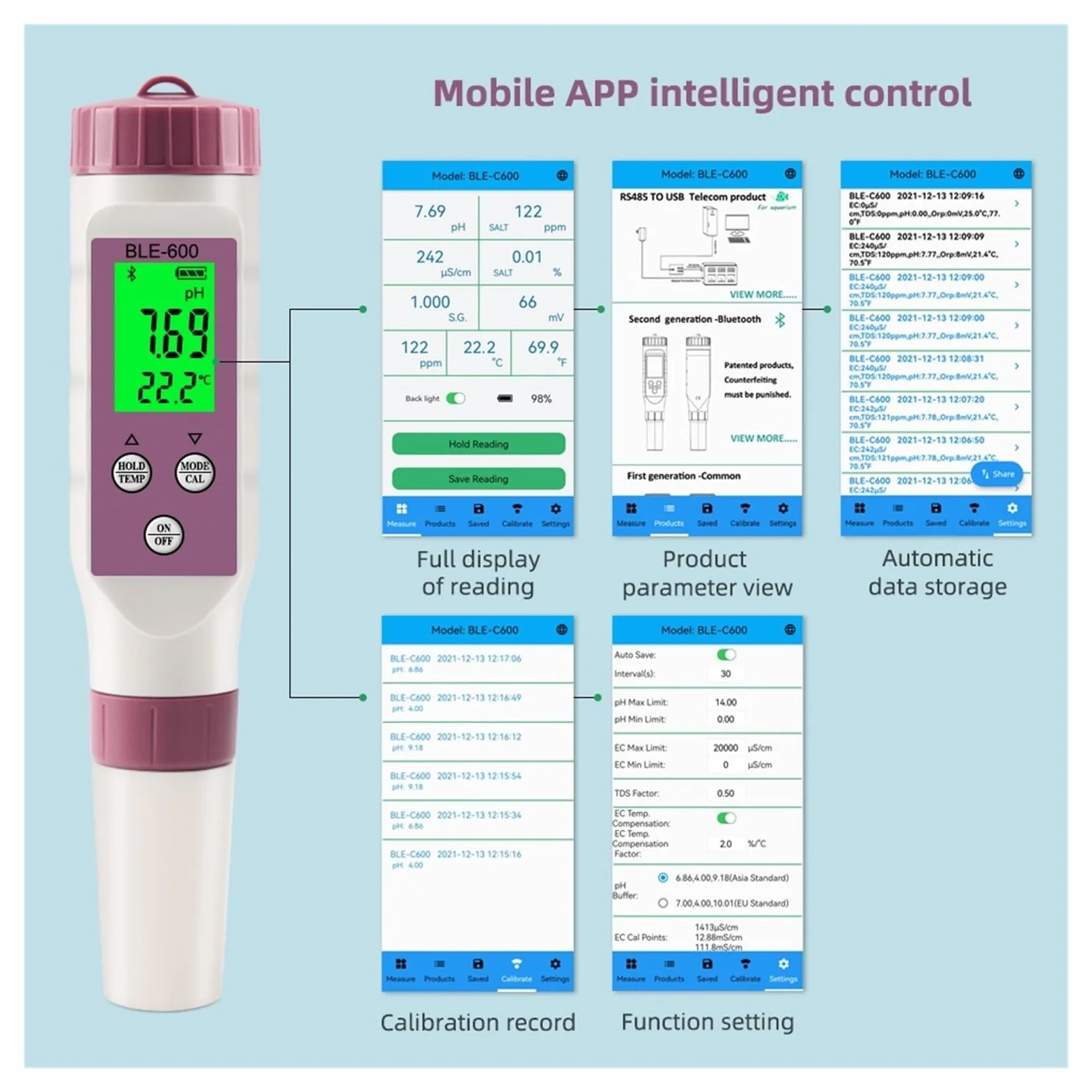 BLE-C600 Pióro Jakości Wody Kompatybilne Z Bluetooth 7 W 1 PH EC TDS ORP SALT SG Miernik Temperatury Aplikacja Inteligentny Tester Kontroli DokłAdny Pomiar