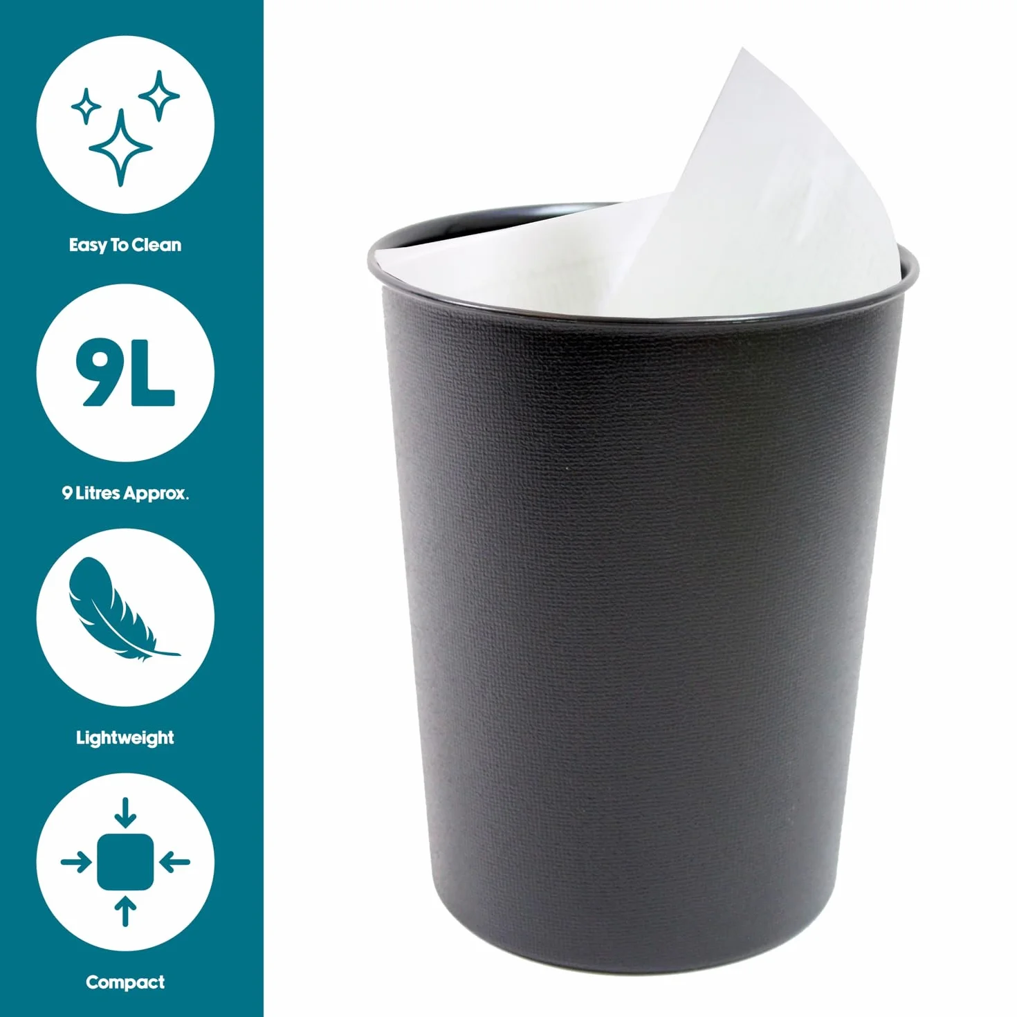 JVL Wysokiej jakości wibrujący czarny lekki plastikowy kosz na śmieci
