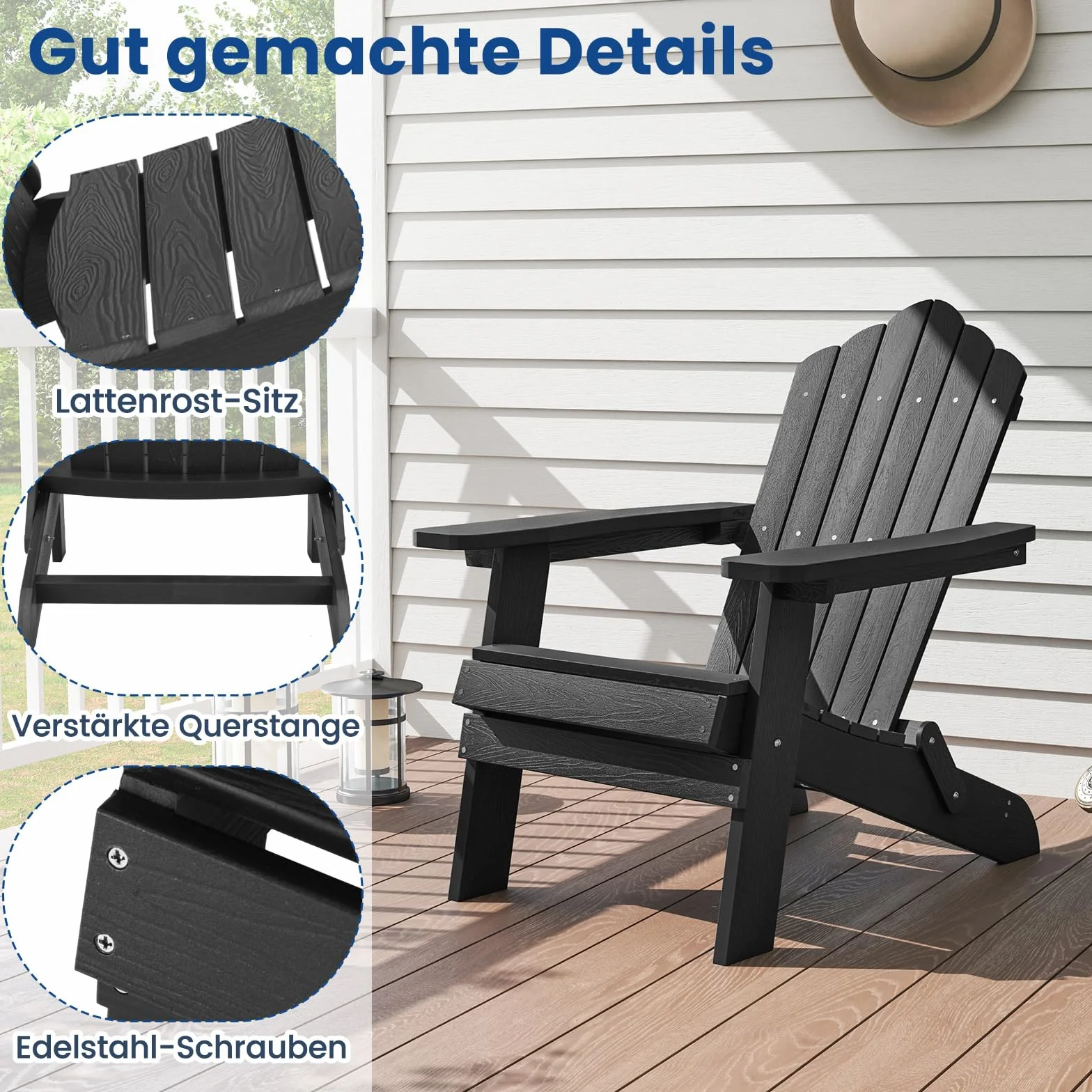 COSTWAY Adirondack krzesło składane, odporne na warunki atmosferyczne Adirondack Chair z tworzywa sztucznego, krzesło ogrodowe z wysokim oparciem i szerokimi podłokietnikami, do ogrodu, na taras,