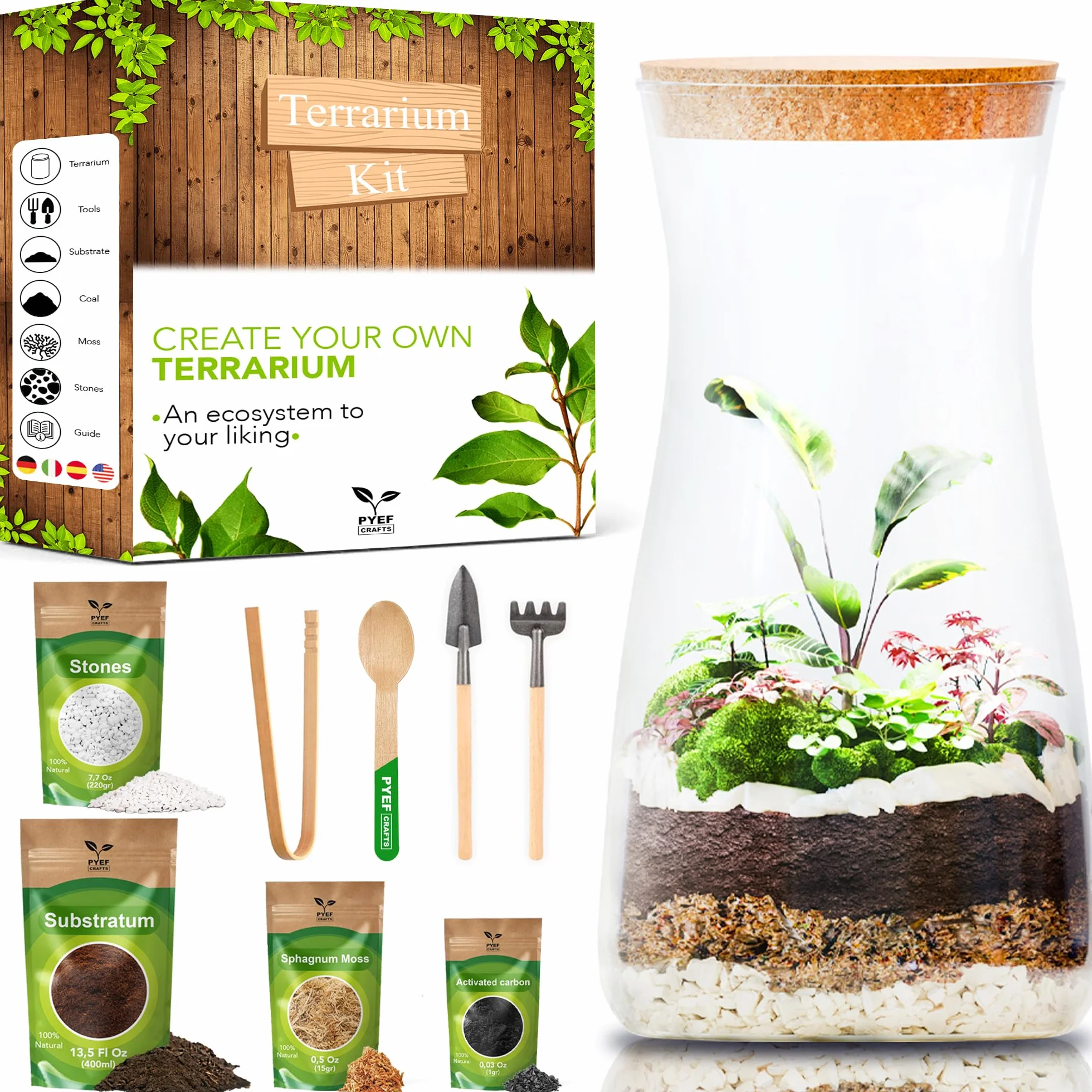 Zestaw do terrarium DIY dla roślin, zestaw startowy do ogrodu w butelce, samowystarczalny ekosystem, zestaw do terrarium ze słoikiem, mchem, ziemią, węglem aktywowanym, kamieniami i narzędziami (bez