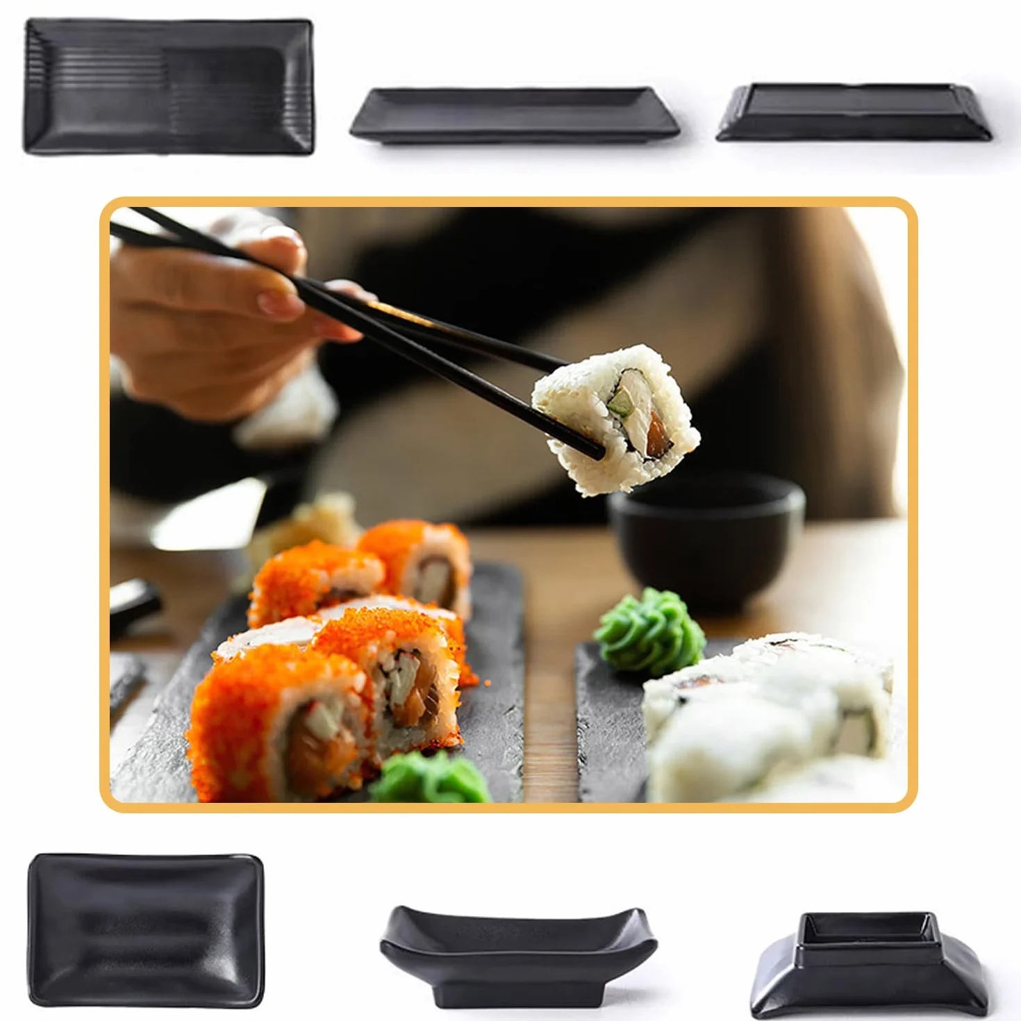 Talerz do sushi 8-częściowy łupkowy 21x10 cm z miseczkami i pałeczkami