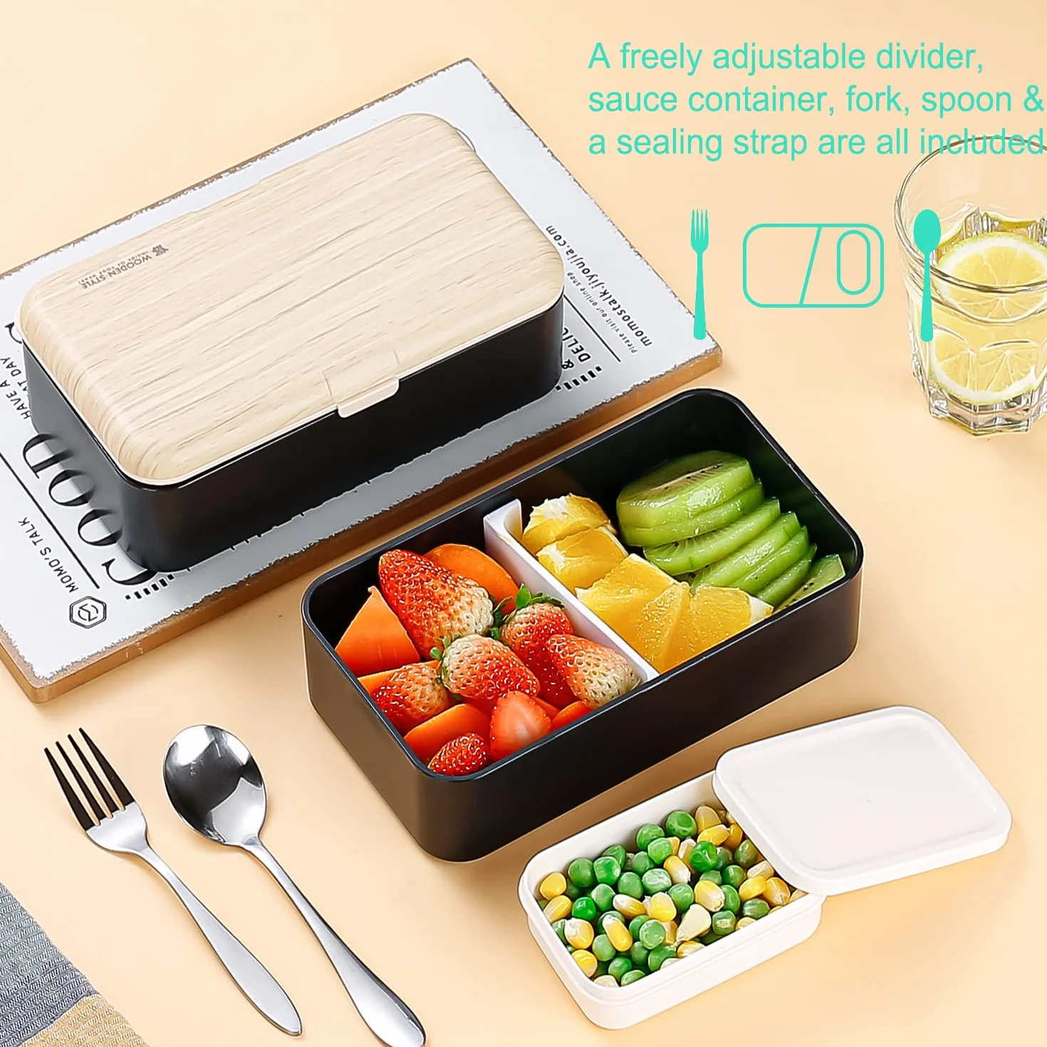 Binoster pojemnik na żywność bento lunchbox czarny łyżka widelec stal nierdzewna