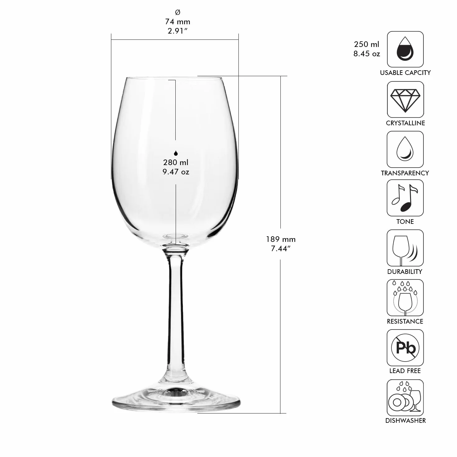 KROSNO Pure Kieliszki do Wina Białego 280 ml Zestaw 6 sztuk Szkło Kryształowe Bezołowiowe