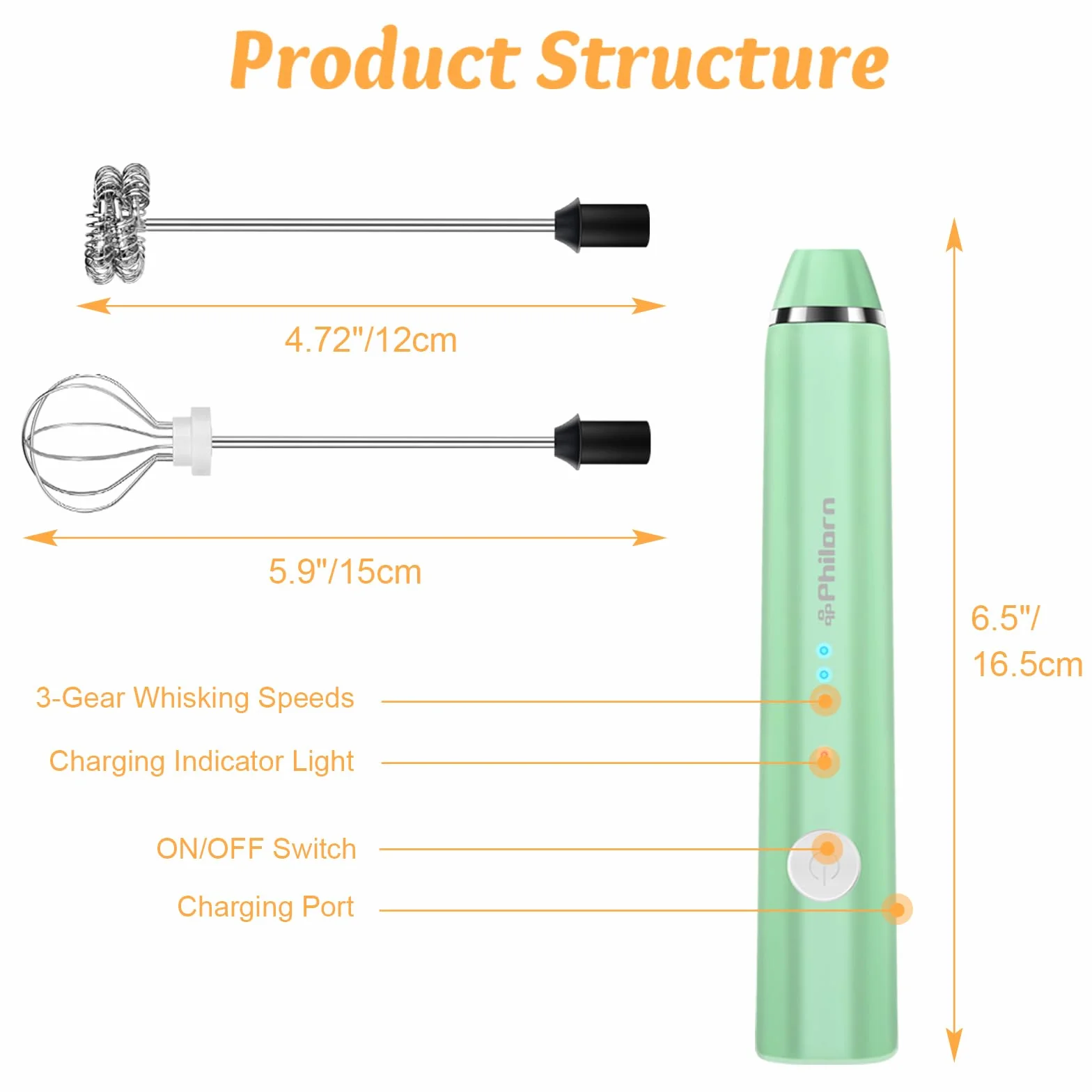 Philorn Ręczny spieniacz do mleka 3-biegowy USB-C zielony