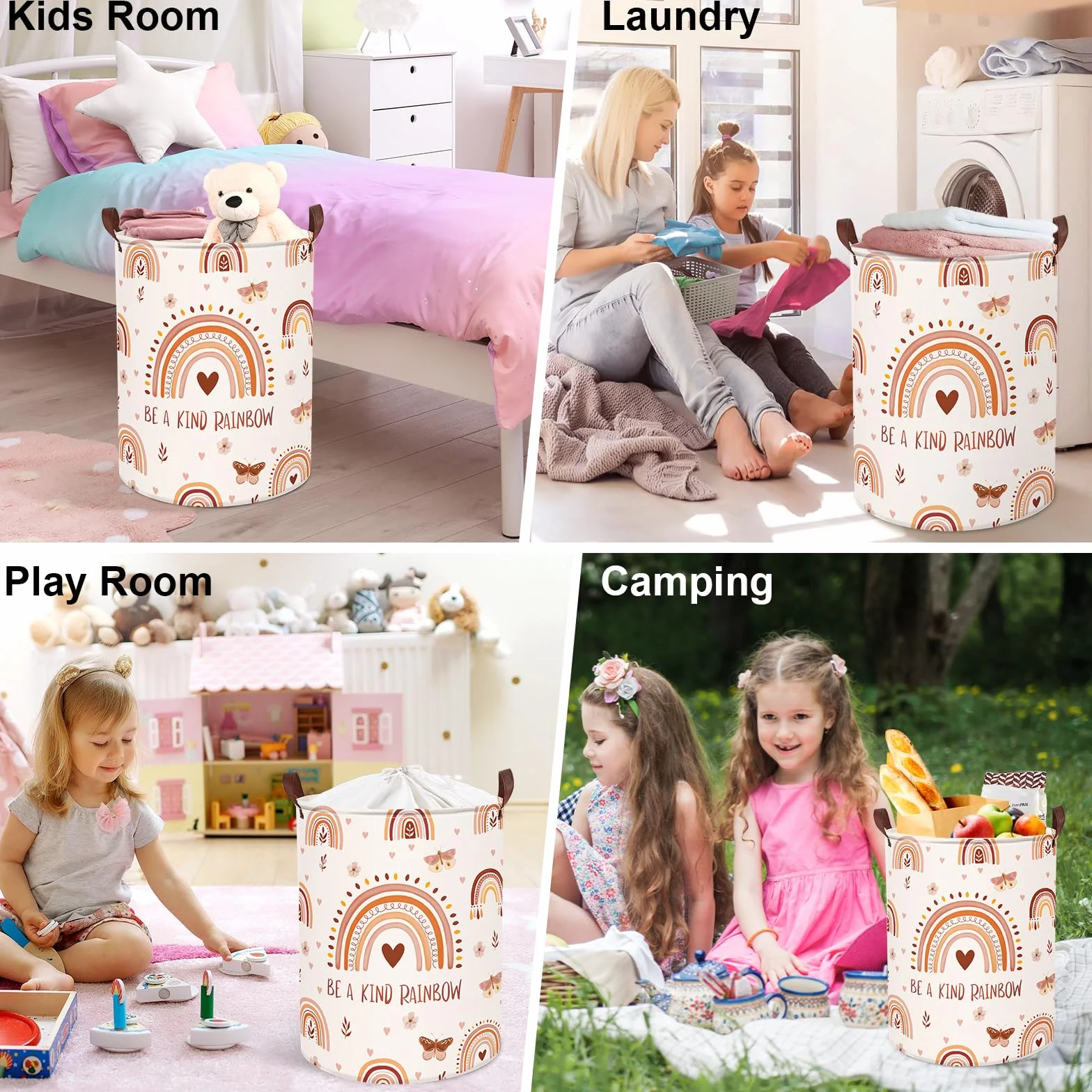 Clastyle 45L Boho Tęcza Różowy Dziecięcy Kosz na Pranie Butterfly Flowers Kids Laundry Basket Leaves Heart Clothes Toy Storage Basket For Bedroom, 36×45 cm