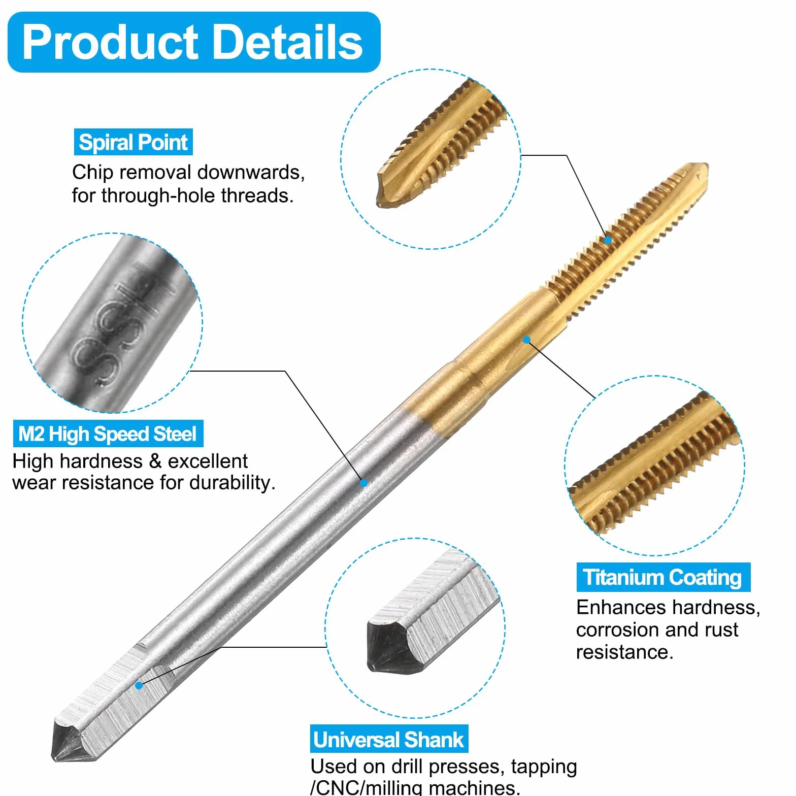 QUARKZMAN Tap and Bit Set, 2 szt. M2.5 x 0.45 Metric Spiral Point Thread Screw Taps & 2 szt. 2,1 mm Twist Bits, Titanium Coated HSS-6542 Tapping Threading Tool Kit