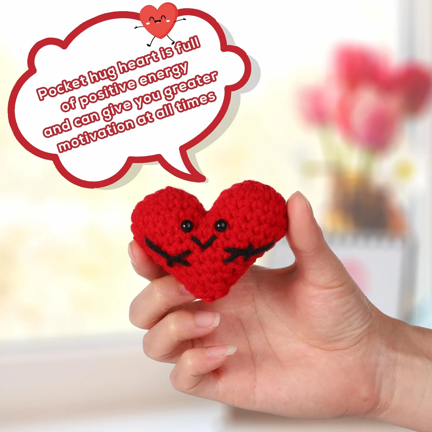 Kieszonkowe Serce, 7,5x5,5cm Slodkie, Szydelkowe Serce z Kartka z Zyczeniami Smieszne Pozytywne Serce Male Dekoracja Zachecajacy Prezent dla Przyjaciól Rodziny (Czerwony)