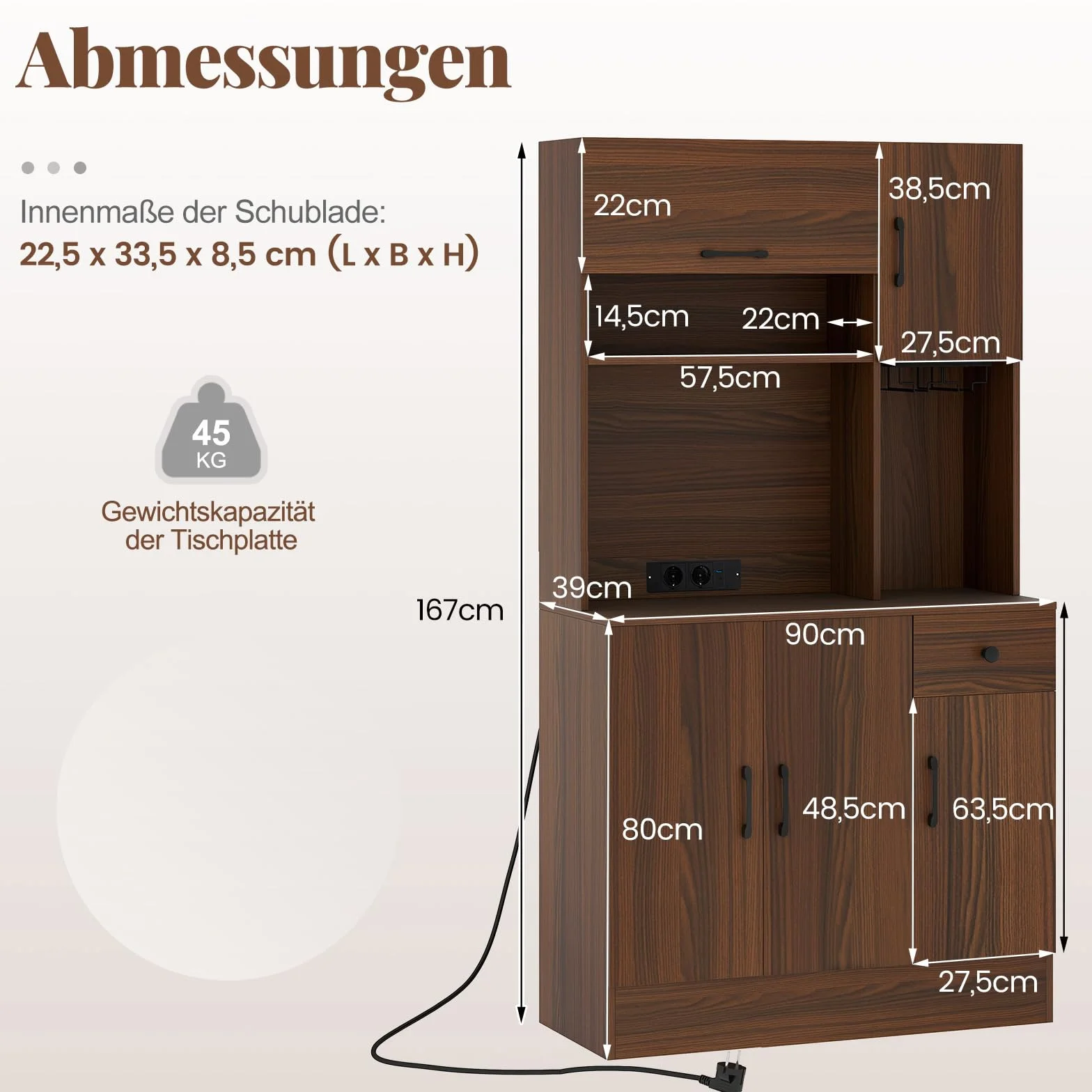 COSTWAY Drewniana szafka kuchenna, kredens z gniazdkami i portami USB i typu C, wysoka szafka z regulowanymi półkami i szufladą, do kuchni i salonu, brązowa, 90 x 39 x 167 cm