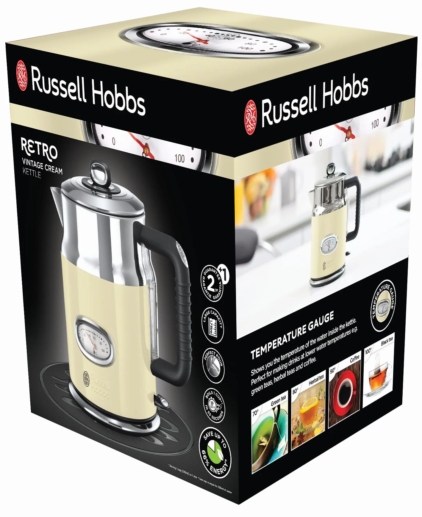 Russell Hobbs Czajnik elektryczny, wymienny filtr antywapienny, markery szybkiego gotowania, kontroler strix, pojemność 1,7l, moc 2400W, stal nierdzewna - Kremowy Retro 21672-70