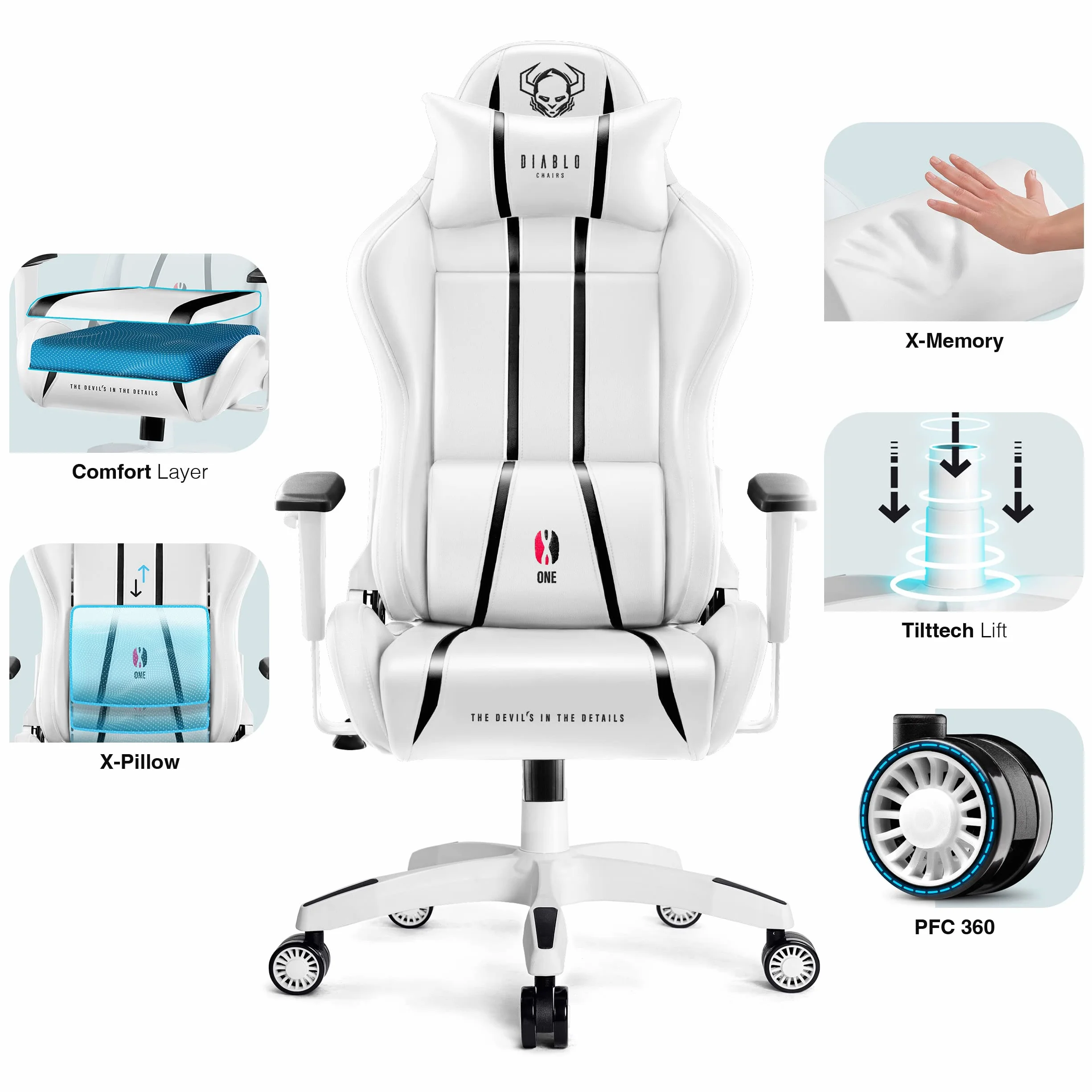 Diablo X-One 2.0 Fotel Gamingowy Krzesło Biurowe Dla Gracza Obrotowy Regulowane Podłokietniki Ekoskóra Ergonomiczny Design Funkcja Bujania Poduszka Pod Kark i Lędźwie (Biało-czarny, Normal)