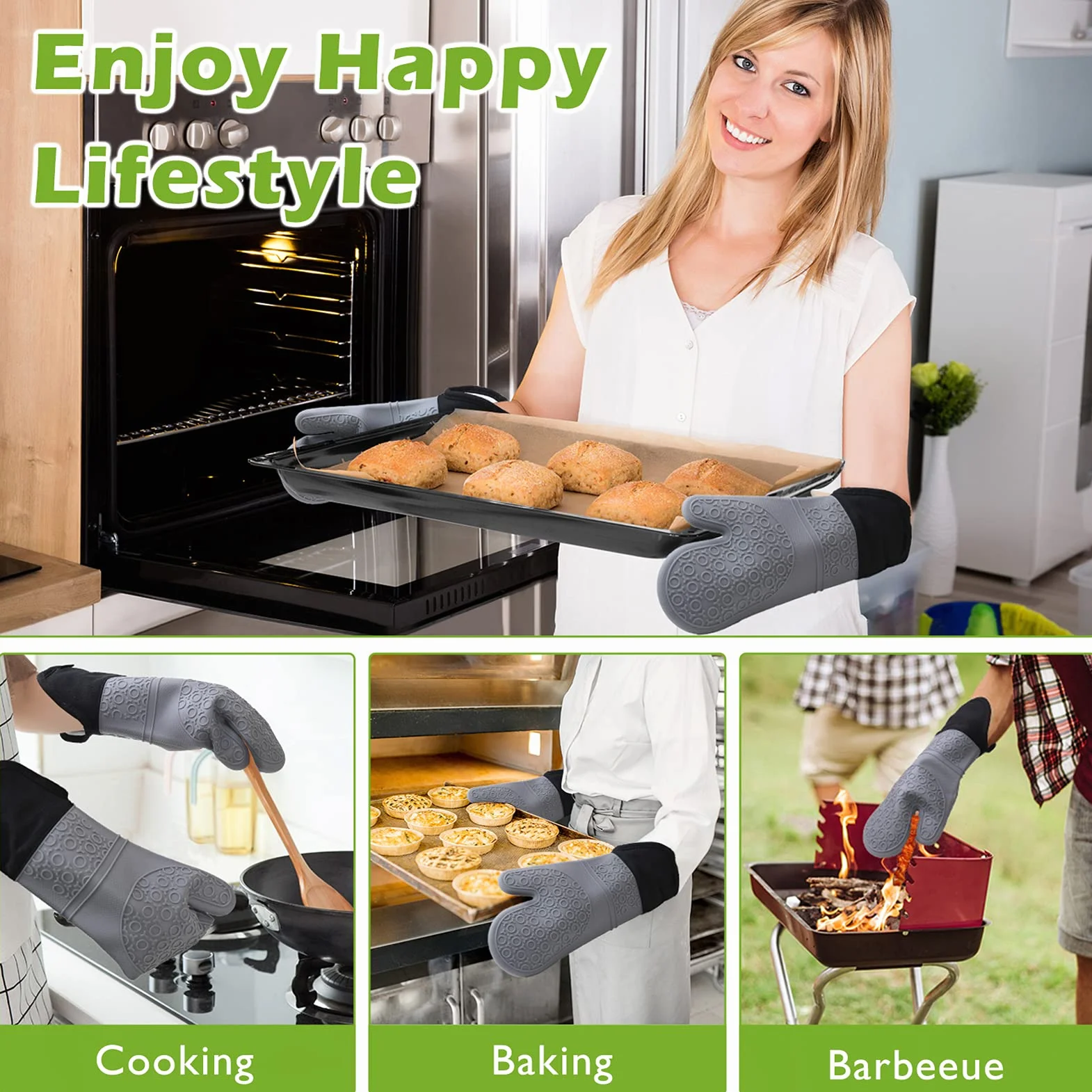 Rękawice Oven Rękawice silikonowe Zestaw: Rękawice piekarnika Odporne na ciepło Rękawice piekarnika Extra długie antypoślizgowe rękawice kuchenne do gotowania Pieczenie Grillowanie Szary